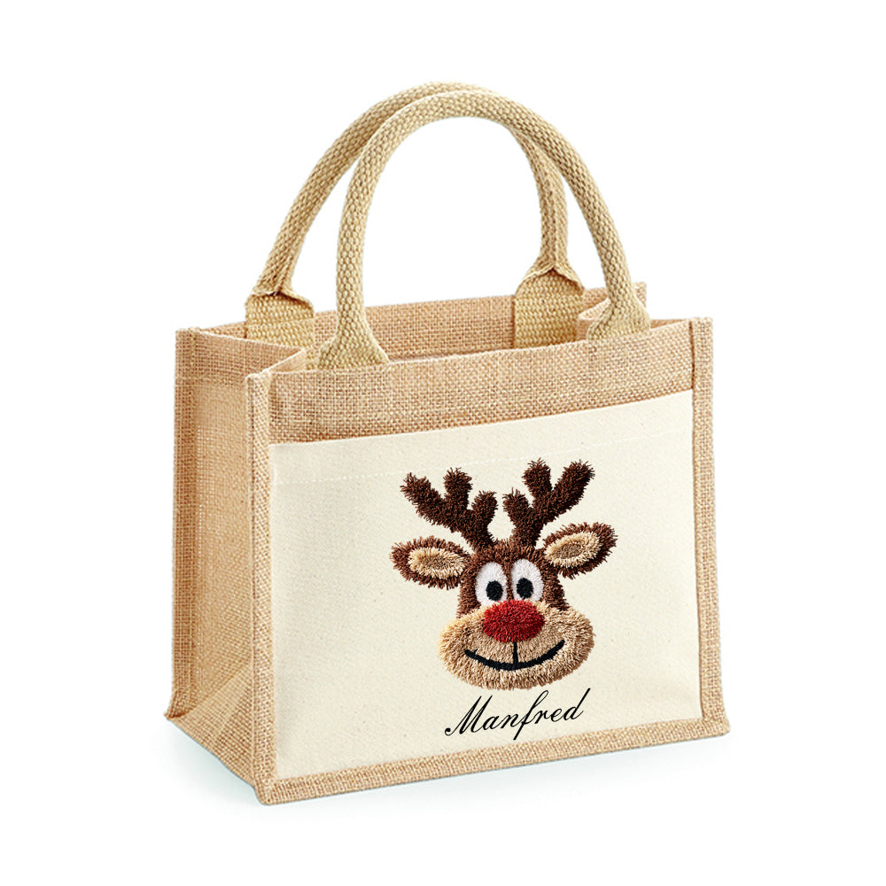 Personalisierter Jutebeutel mit Rentier – Geschenkverpackung Weihnachten – Handmade Jute Tasche mit Wunschnamen