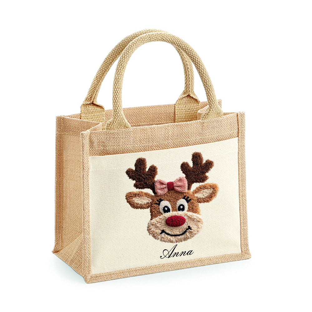 Personalisierter Jutebeutel mit Rentier – Geschenkverpackung Weihnachten – Handmade Jute Tasche mit Wunschnamen