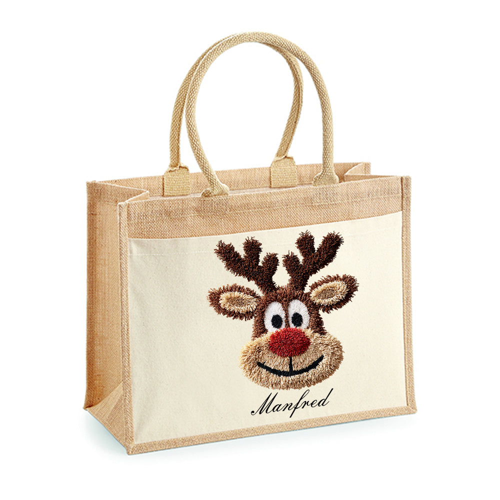 Personalisierter Jutebeutel mit Rentier – Geschenkverpackung Weihnachten – Handmade Jute Tasche mit Wunschnamen