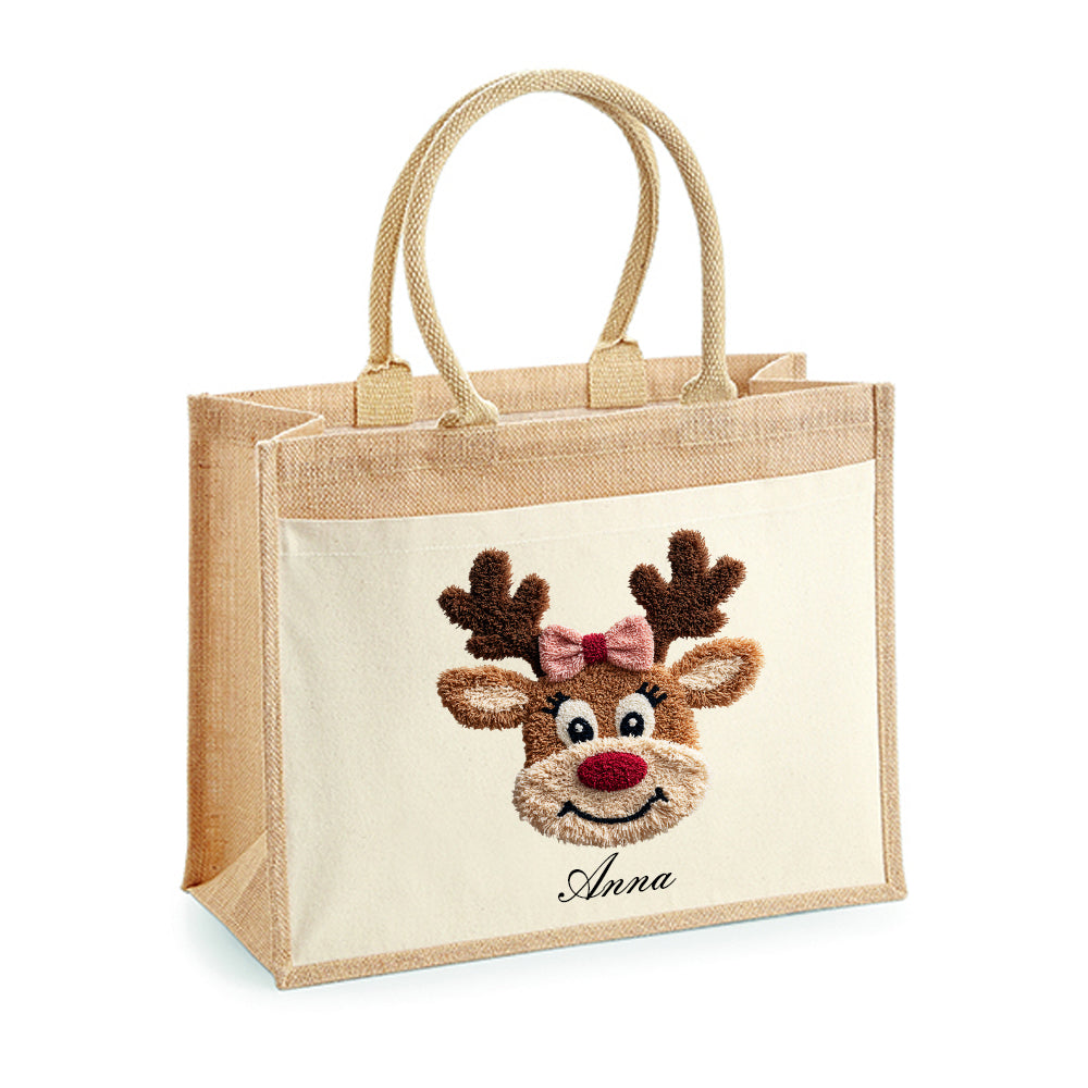 Personalisierter Jutebeutel mit Rentier – Geschenkverpackung Weihnachten – Handmade Jute Tasche mit Wunschnamen