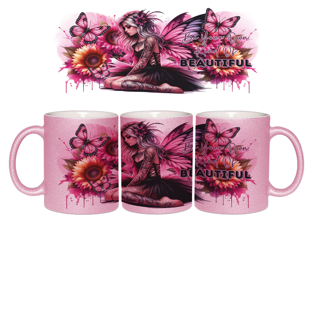 Glitzertasse „Be Your Own Kind Of Beautiful“ Tasse – Schmetterlingsfee mit Tattoos & Blumen | Inspirierende Kaffeetasse für Frauen | Geschenkidee Selbstliebe