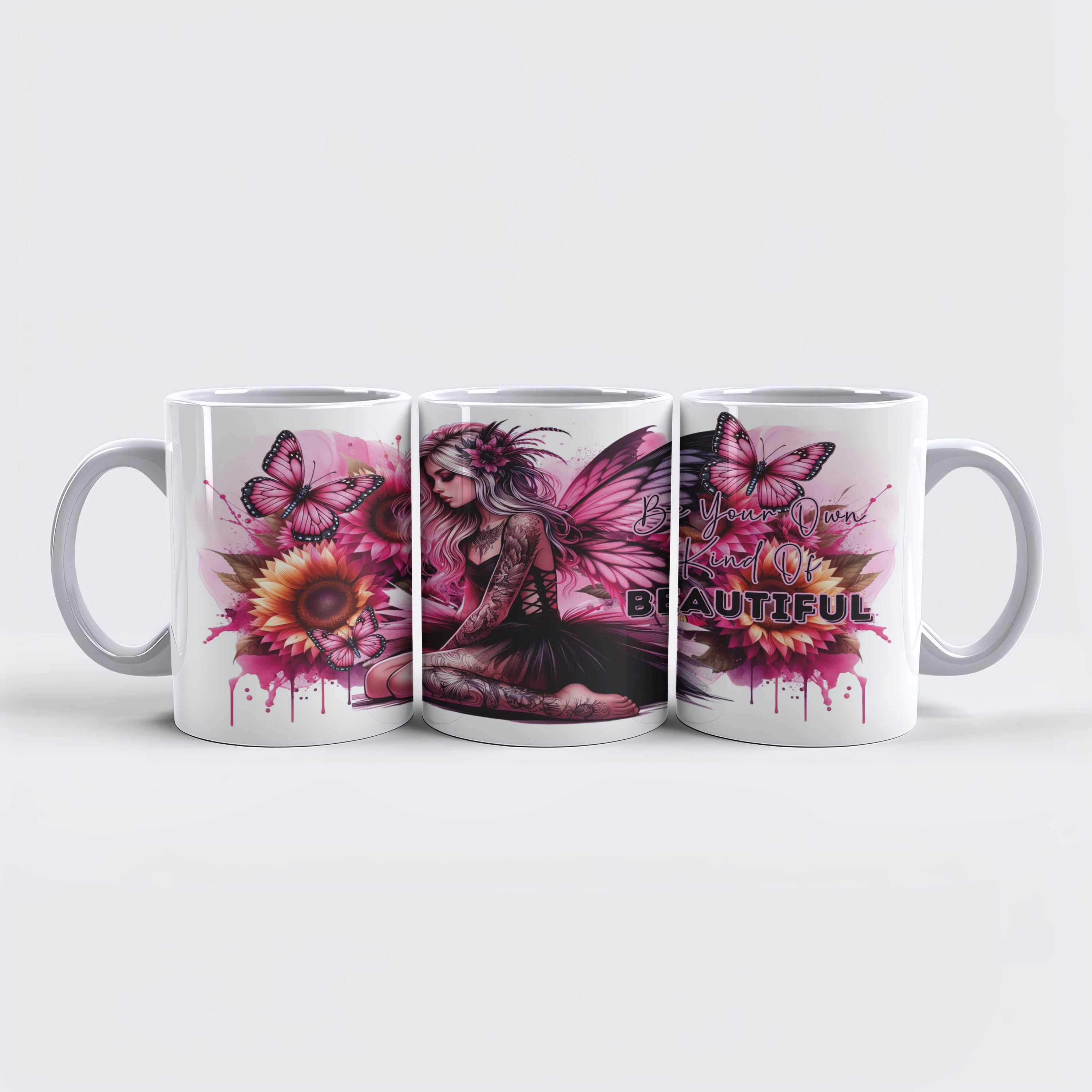 „Be Your Own Kind Of Beautiful“ Tasse – Schmetterlingsfee mit Tattoos & Blumen | Inspirierende Kaffeetasse für Frauen | Geschenkidee Selbstliebe