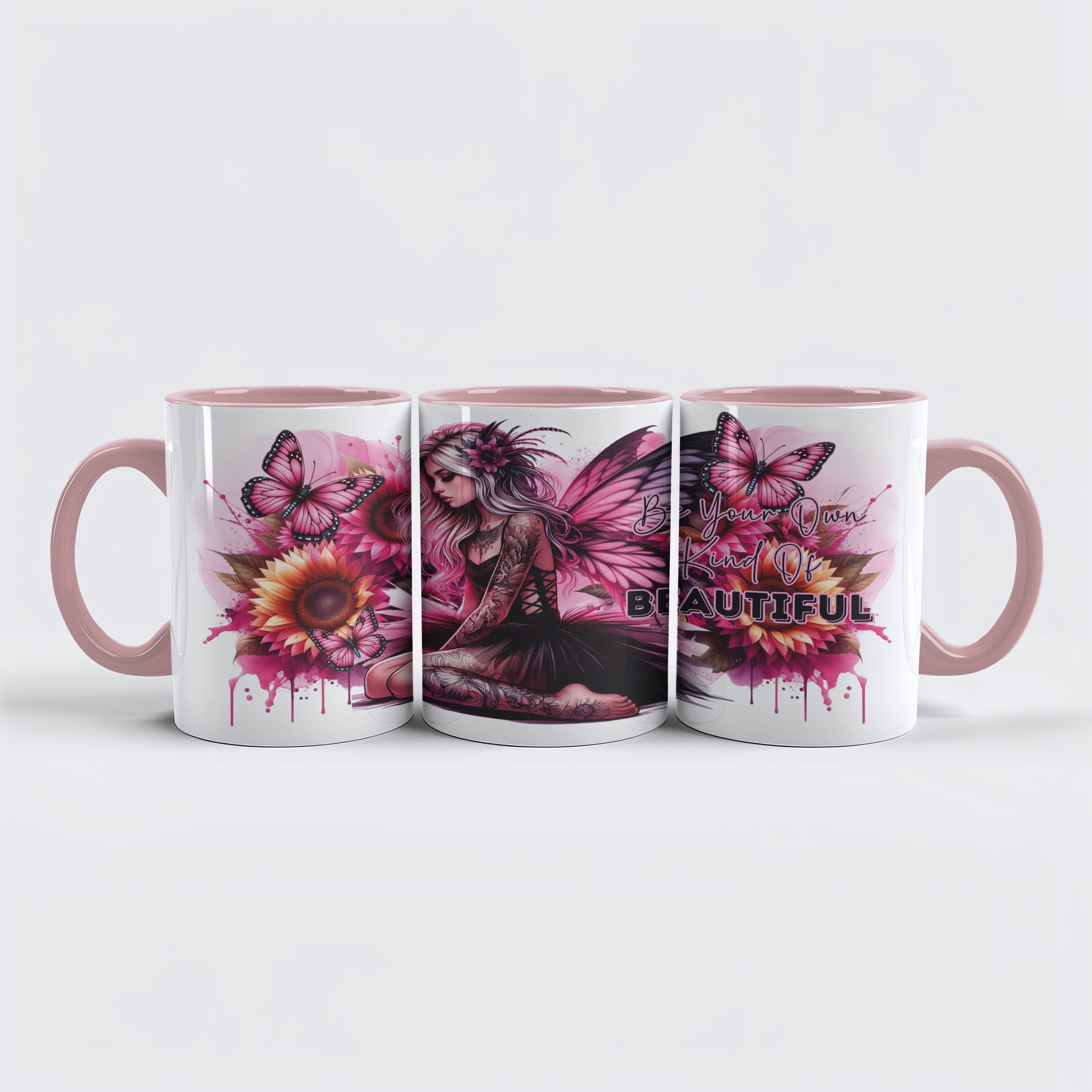 „Be Your Own Kind Of Beautiful“ Tasse – Schmetterlingsfee mit Tattoos & Blumen | Inspirierende Kaffeetasse für Frauen | Geschenkidee Selbstliebe