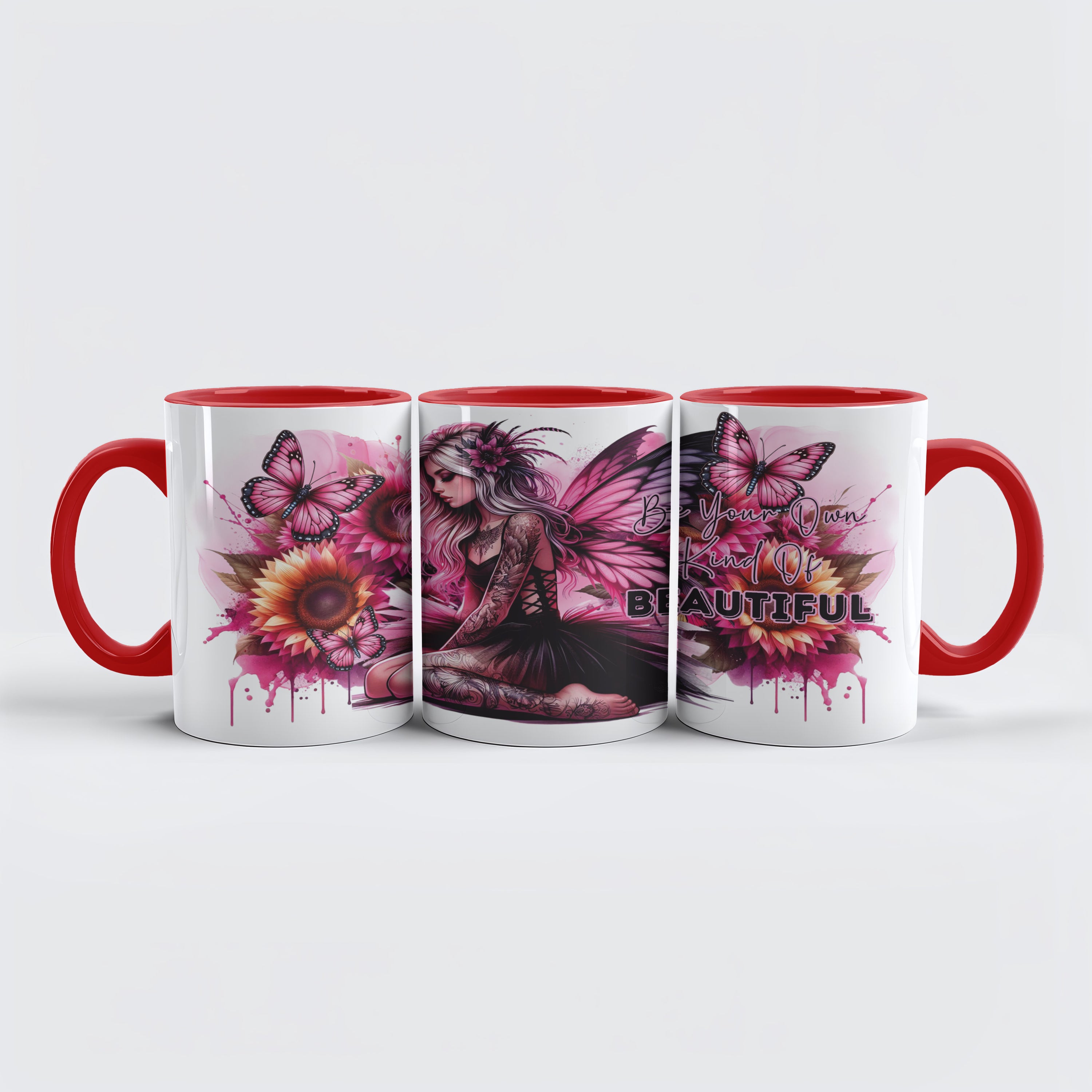 „Be Your Own Kind Of Beautiful“ Tasse – Schmetterlingsfee mit Tattoos & Blumen | Inspirierende Kaffeetasse für Frauen | Geschenkidee Selbstliebe