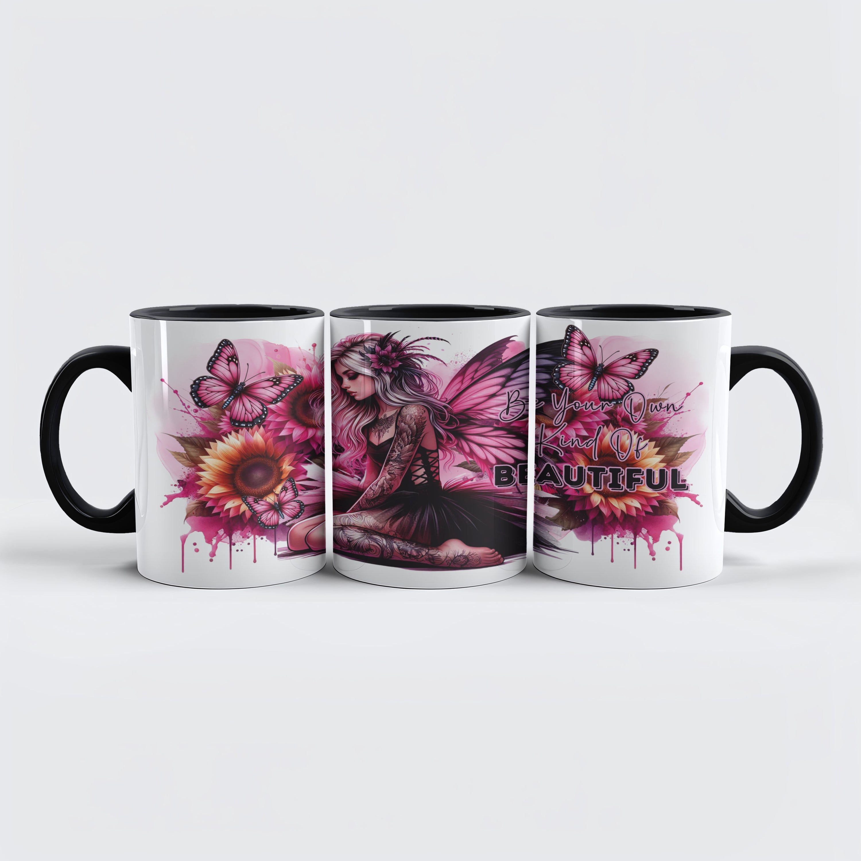 „Be Your Own Kind Of Beautiful“ Tasse – Schmetterlingsfee mit Tattoos & Blumen | Inspirierende Kaffeetasse für Frauen | Geschenkidee Selbstliebe