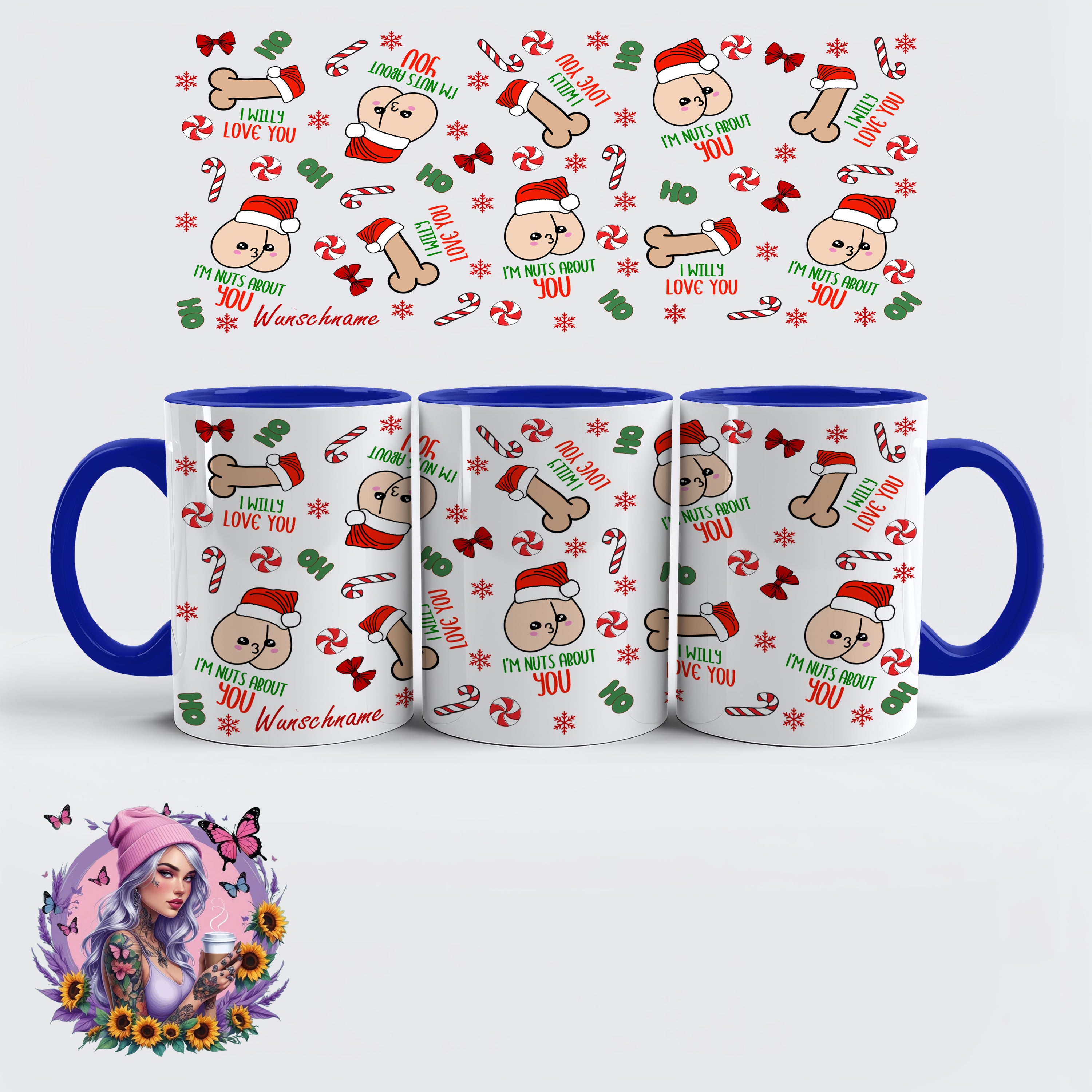 Lustige Weihnachts-Tasse – „I’m Nuts About You / I Willy Love You“ - personalisiert - wunschname | Glitzerlilly