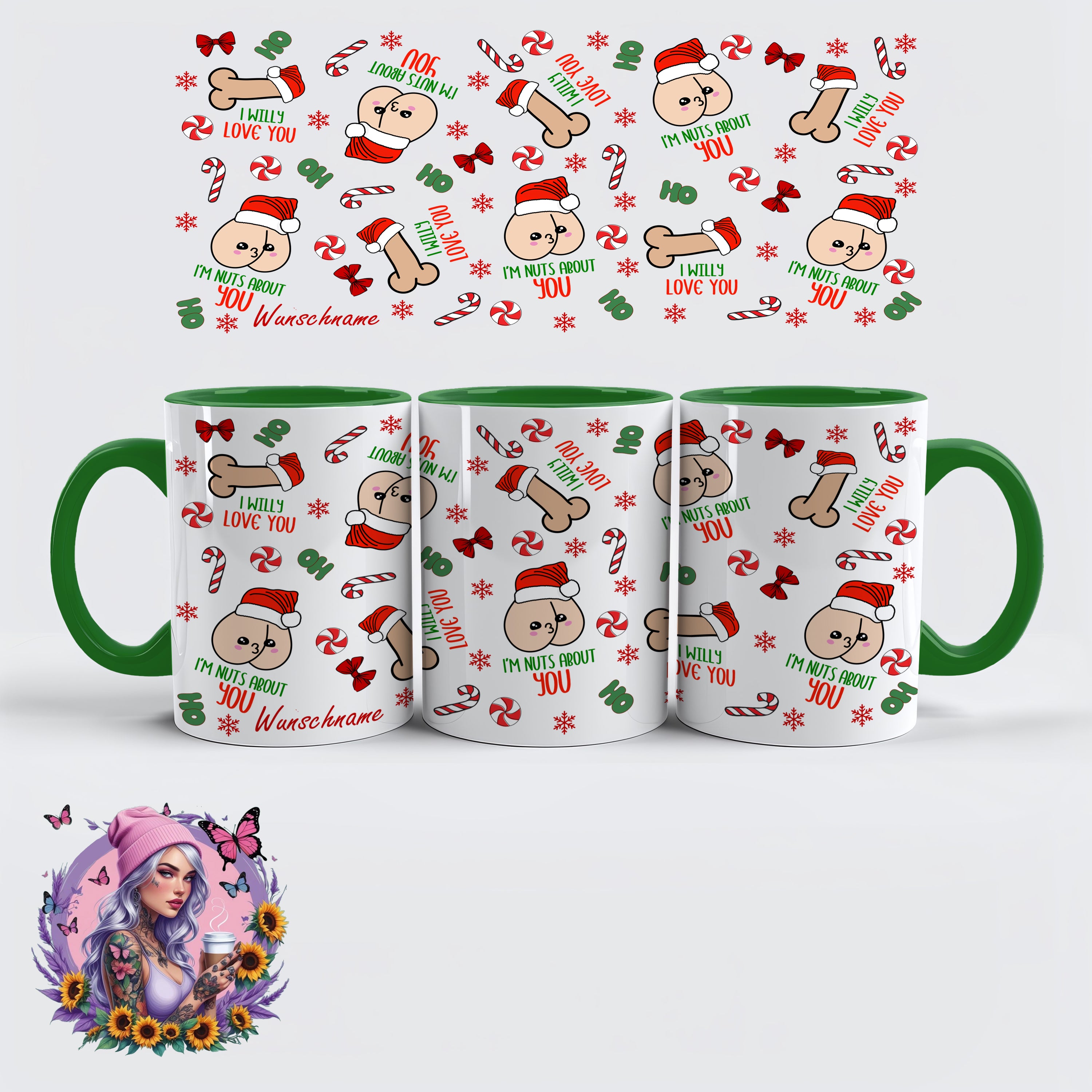 Lustige Weihnachts-Tasse – „I’m Nuts About You / I Willy Love You“ - personalisiert - wunschname | Glitzerlilly