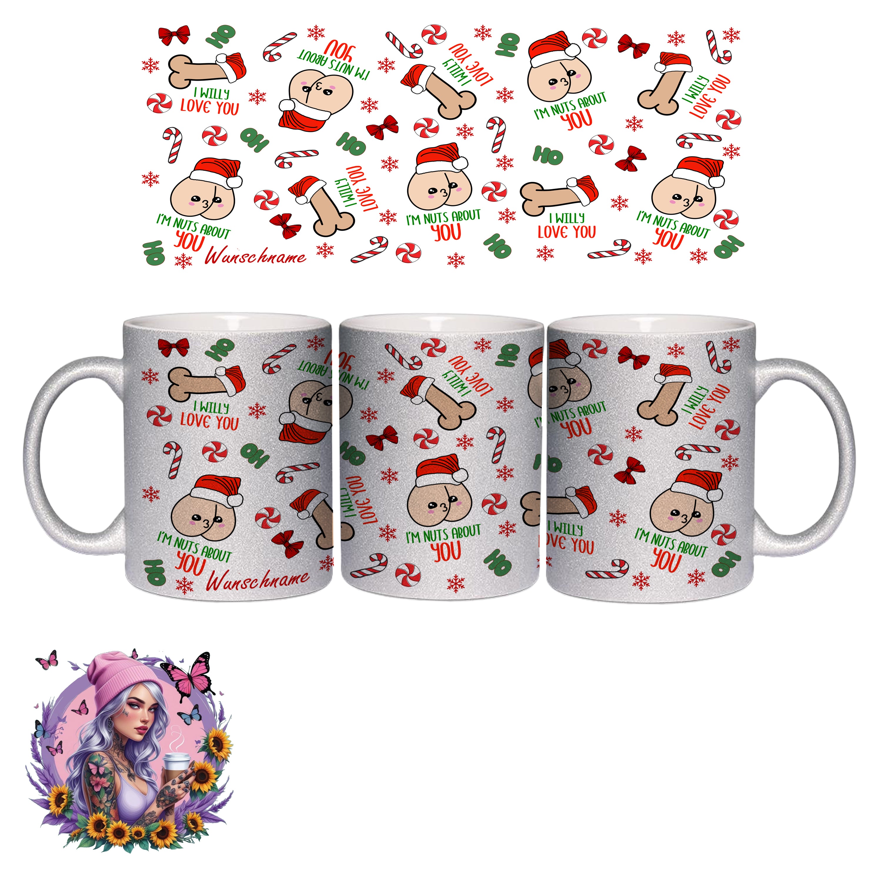 Lustige Weihnachts-Tasse – „I’m Nuts About You / I Willy Love You“ - personalisiert - wunschname | Glitzerlilly