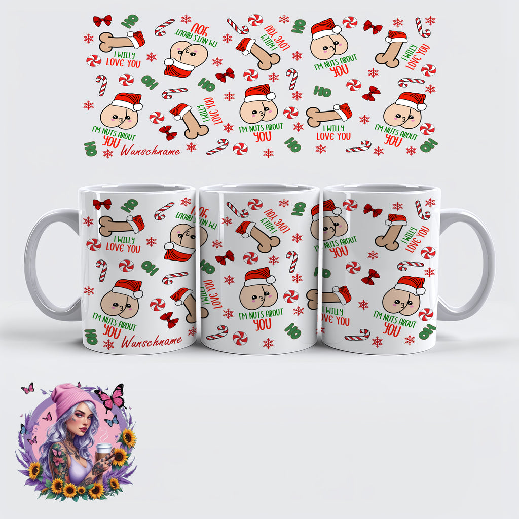 Lustige Weihnachts-Tasse – „I’m Nuts About You / I Willy Love You“ - personalisiert - wunschname | Glitzerlilly