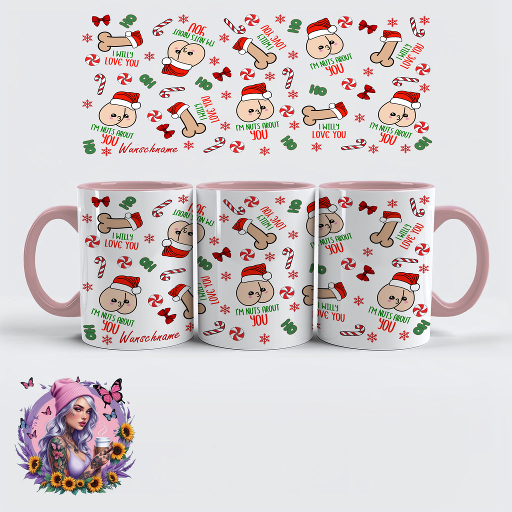 Lustige Weihnachts-Tasse – „I’m Nuts About You / I Willy Love You“ - personalisiert - wunschname | Glitzerlilly
