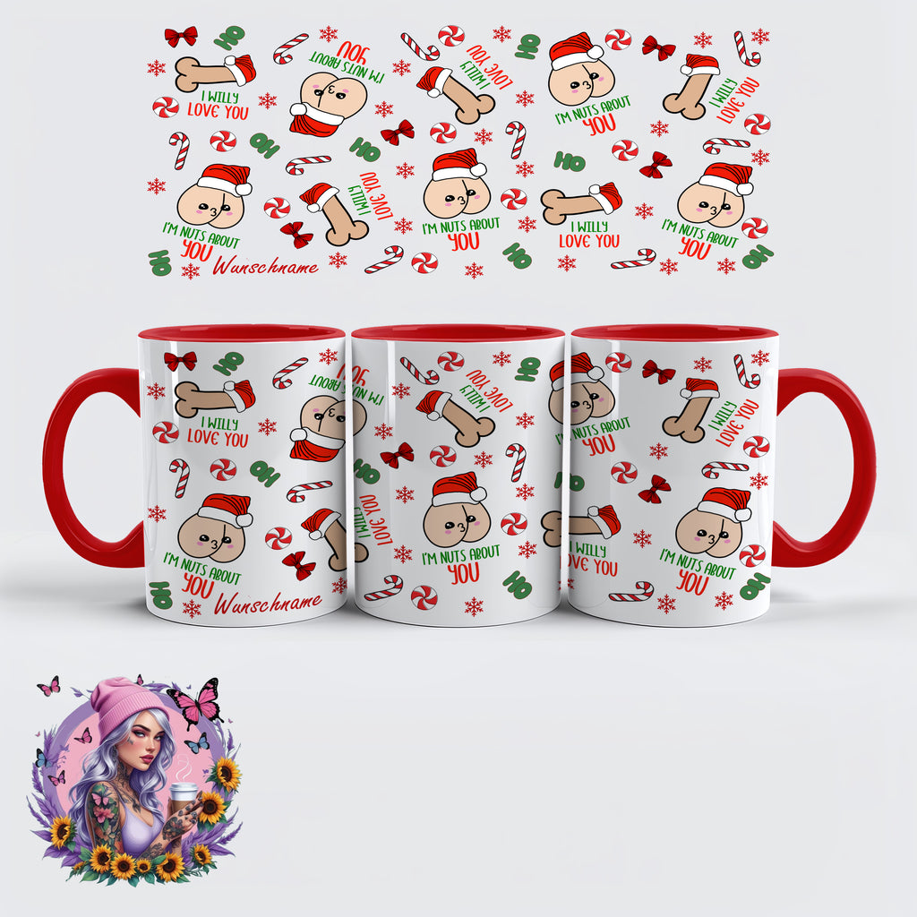 Lustige Weihnachts-Tasse – „I’m Nuts About You / I Willy Love You“ - personalisiert - wunschname | Glitzerlilly