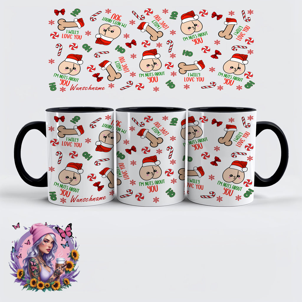 Lustige Weihnachts-Tasse – „I’m Nuts About You / I Willy Love You“ - personalisiert - wunschname | Glitzerlilly