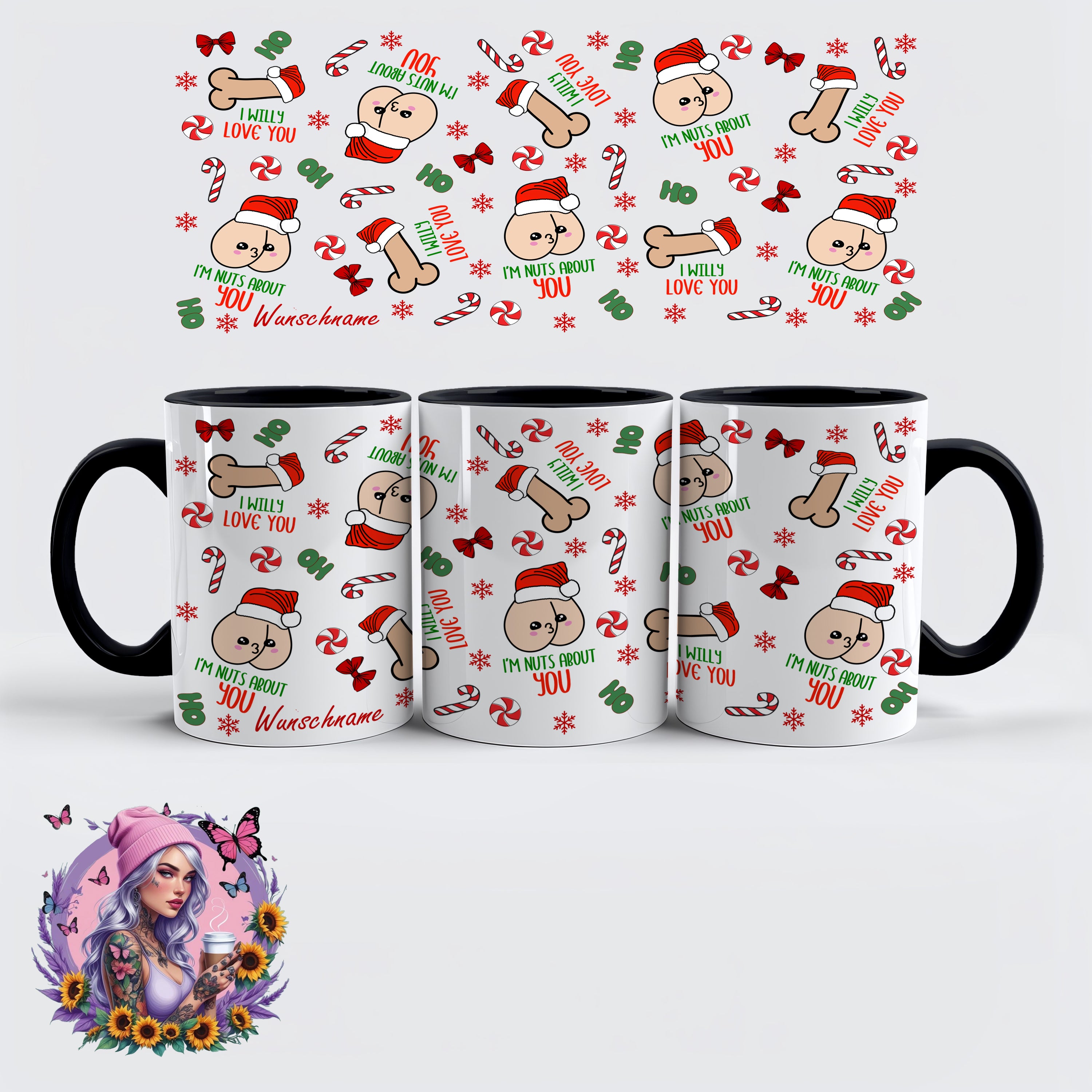 Lustige Weihnachts-Tasse – „I’m Nuts About You / I Willy Love You“ - personalisiert - wunschname | Glitzerlilly