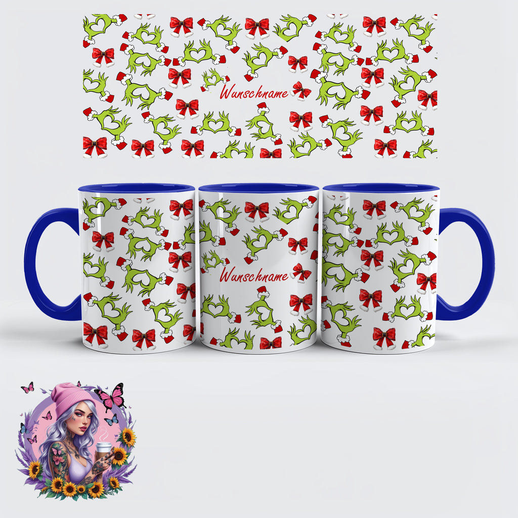 Personalisierbarer Weihnachts-Kaffeebecher – Grinch Heart Hands Design mit Namen | Weihnachtsgeschenk | Glitzerlilly