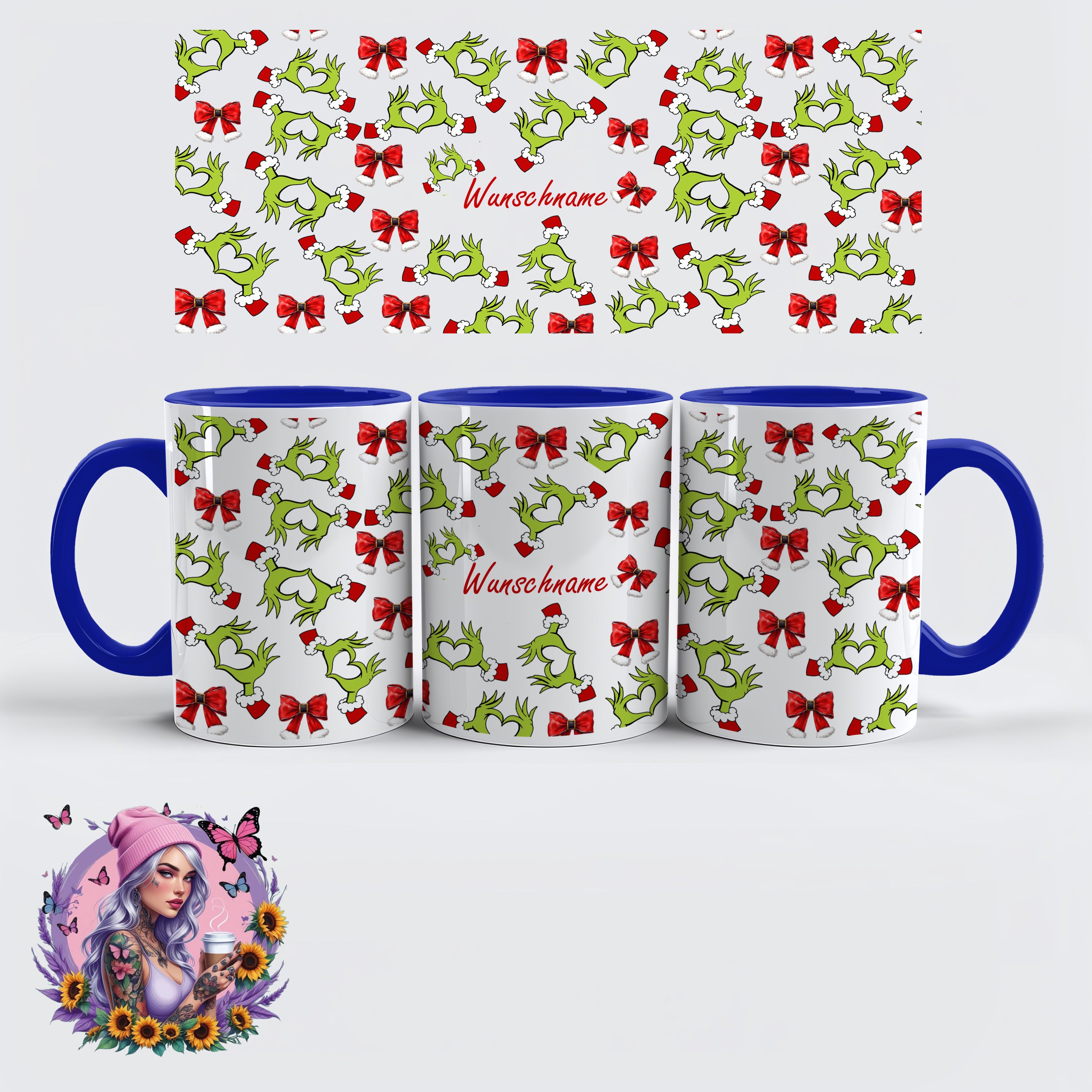 Personalisierbarer Weihnachts-Kaffeebecher – Grinch Heart Hands Design mit Namen | Weihnachtsgeschenk | Glitzerlilly