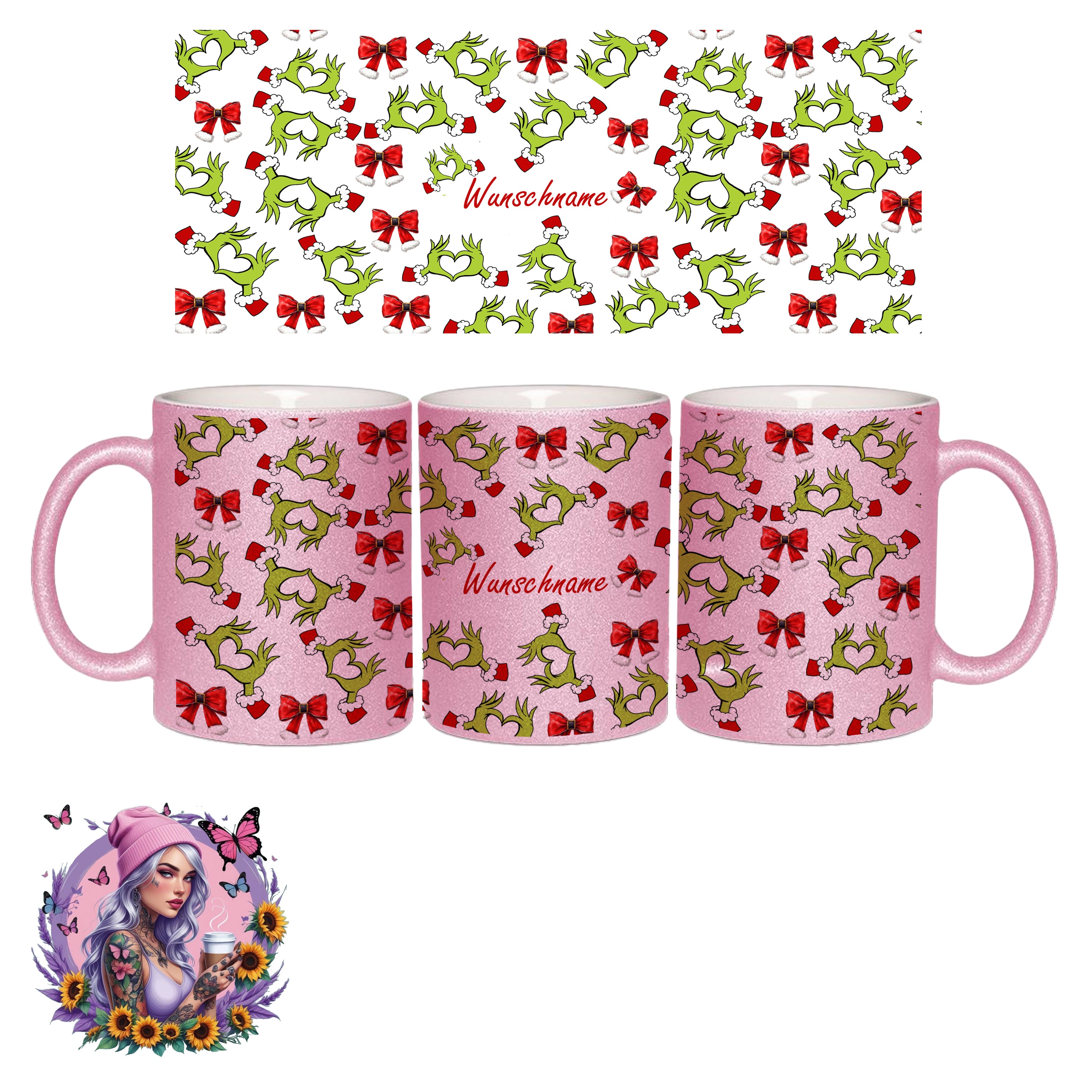 Personalisierbarer Weihnachts-Kaffeebecher – Grinch Heart Hands Design mit Namen | Weihnachtsgeschenk | Glitzerlilly