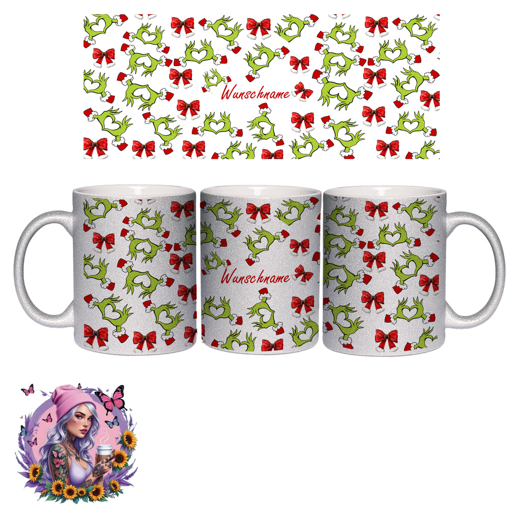 Personalisierbarer Weihnachts-Kaffeebecher – Grinch Heart Hands Design mit Namen | Weihnachtsgeschenk | Glitzerlilly