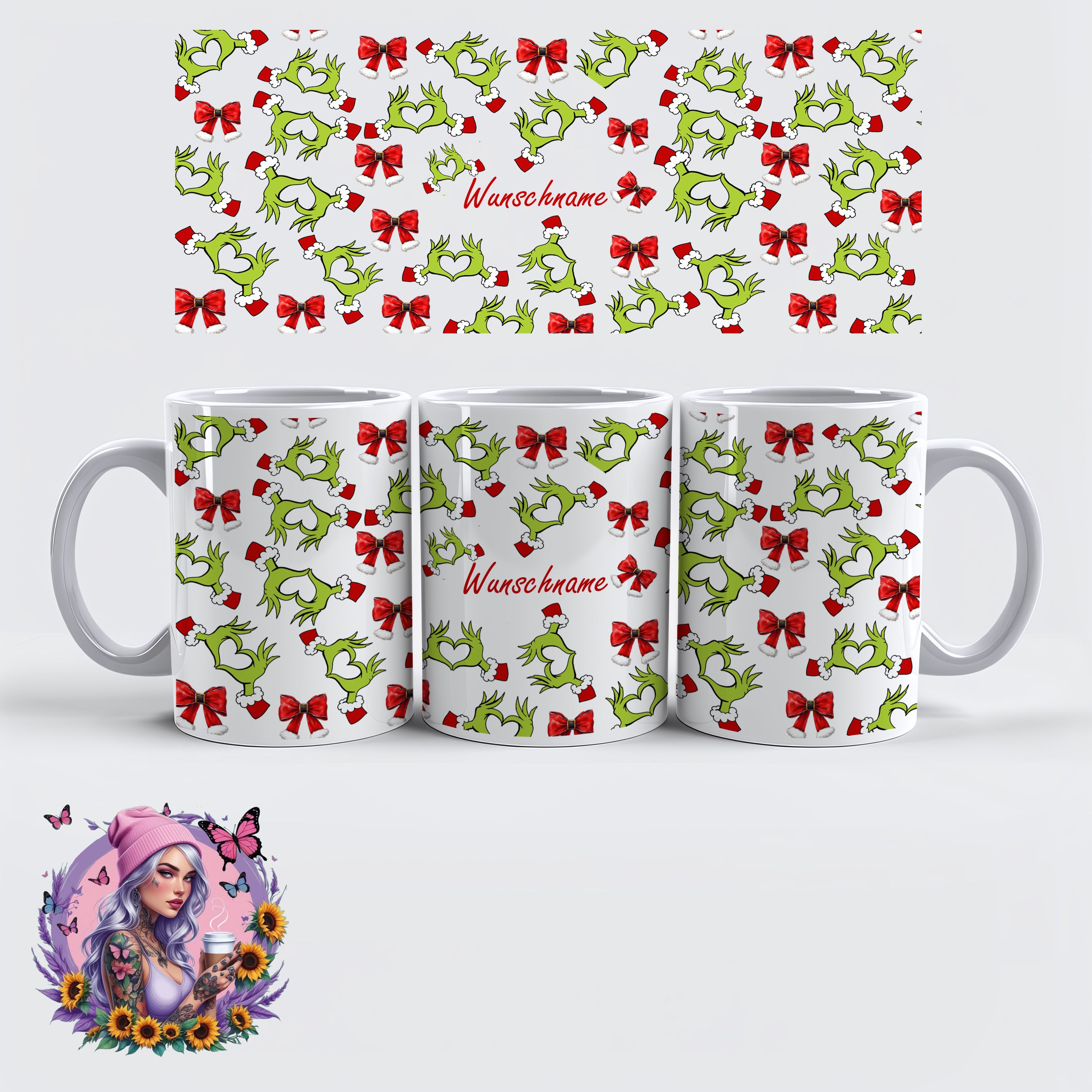 Personalisierbarer Weihnachts-Kaffeebecher – Grinch Heart Hands Design mit Namen | Weihnachtsgeschenk | Glitzerlilly