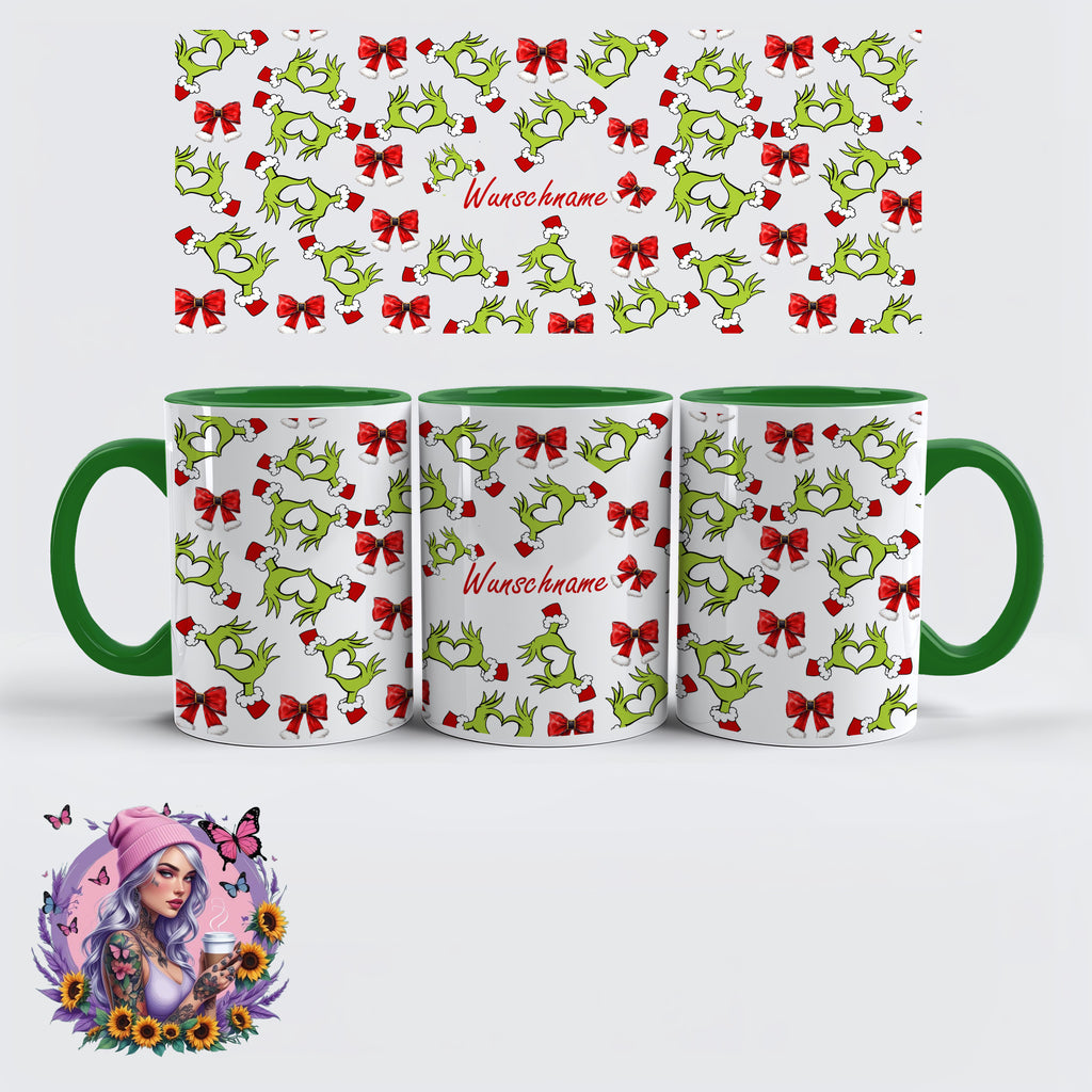 Personalisierbarer Weihnachts-Kaffeebecher – Grinch Heart Hands Design mit Namen | Weihnachtsgeschenk | Glitzerlilly