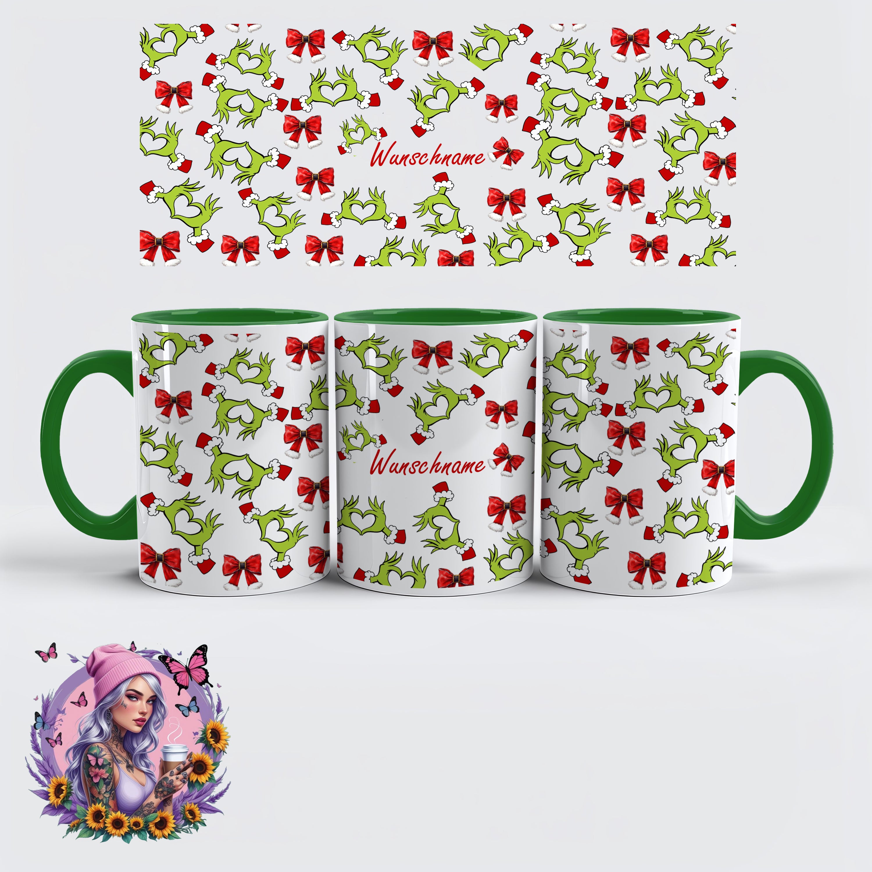 Personalisierbarer Weihnachts-Kaffeebecher – Grinch Heart Hands Design mit Namen | Weihnachtsgeschenk | Glitzerlilly