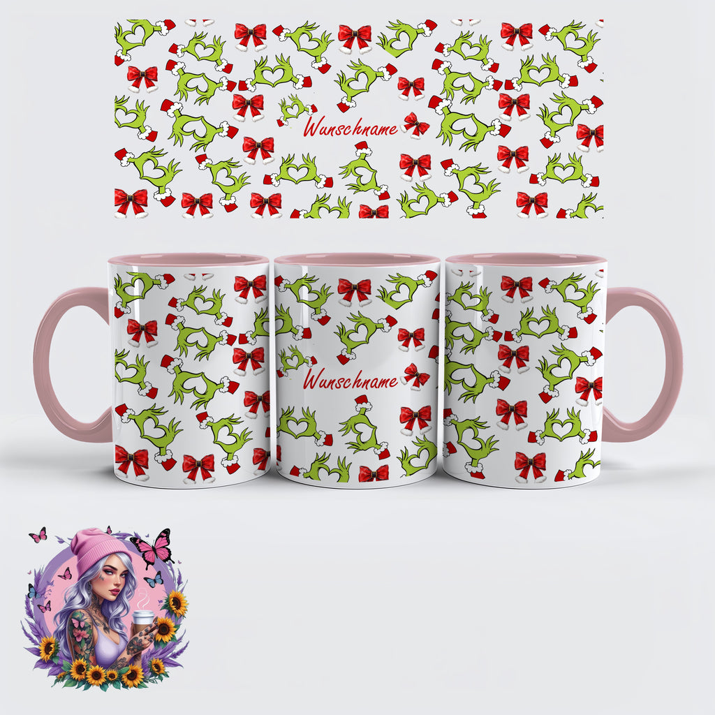 Personalisierbarer Weihnachts-Kaffeebecher – Grinch Heart Hands Design mit Namen | Weihnachtsgeschenk | Glitzerlilly