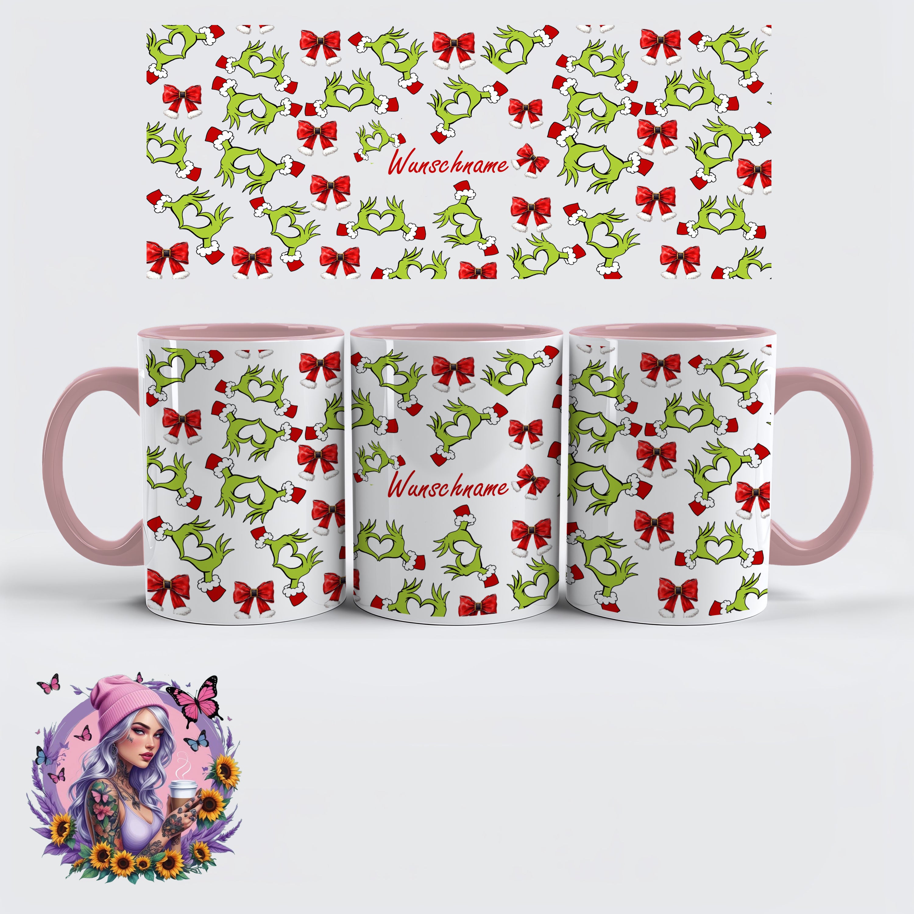 Personalisierbarer Weihnachts-Kaffeebecher – Grinch Heart Hands Design mit Namen | Weihnachtsgeschenk | Glitzerlilly