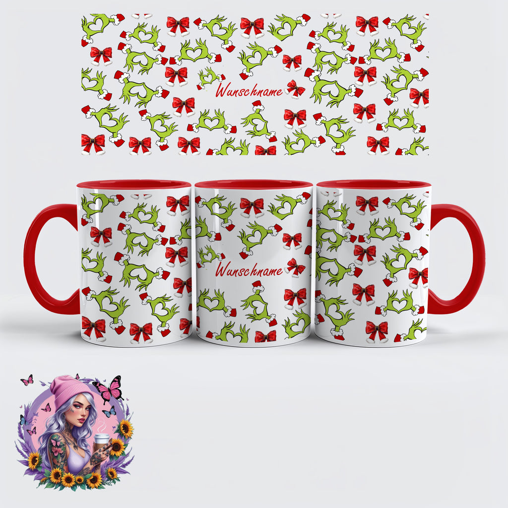Personalisierbarer Weihnachts-Kaffeebecher – Grinch Heart Hands Design mit Namen | Weihnachtsgeschenk | Glitzerlilly