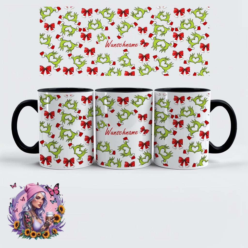 Personalisierbarer Weihnachts-Kaffeebecher – Grinch Heart Hands Design mit Namen | Weihnachtsgeschenk | Glitzerlilly