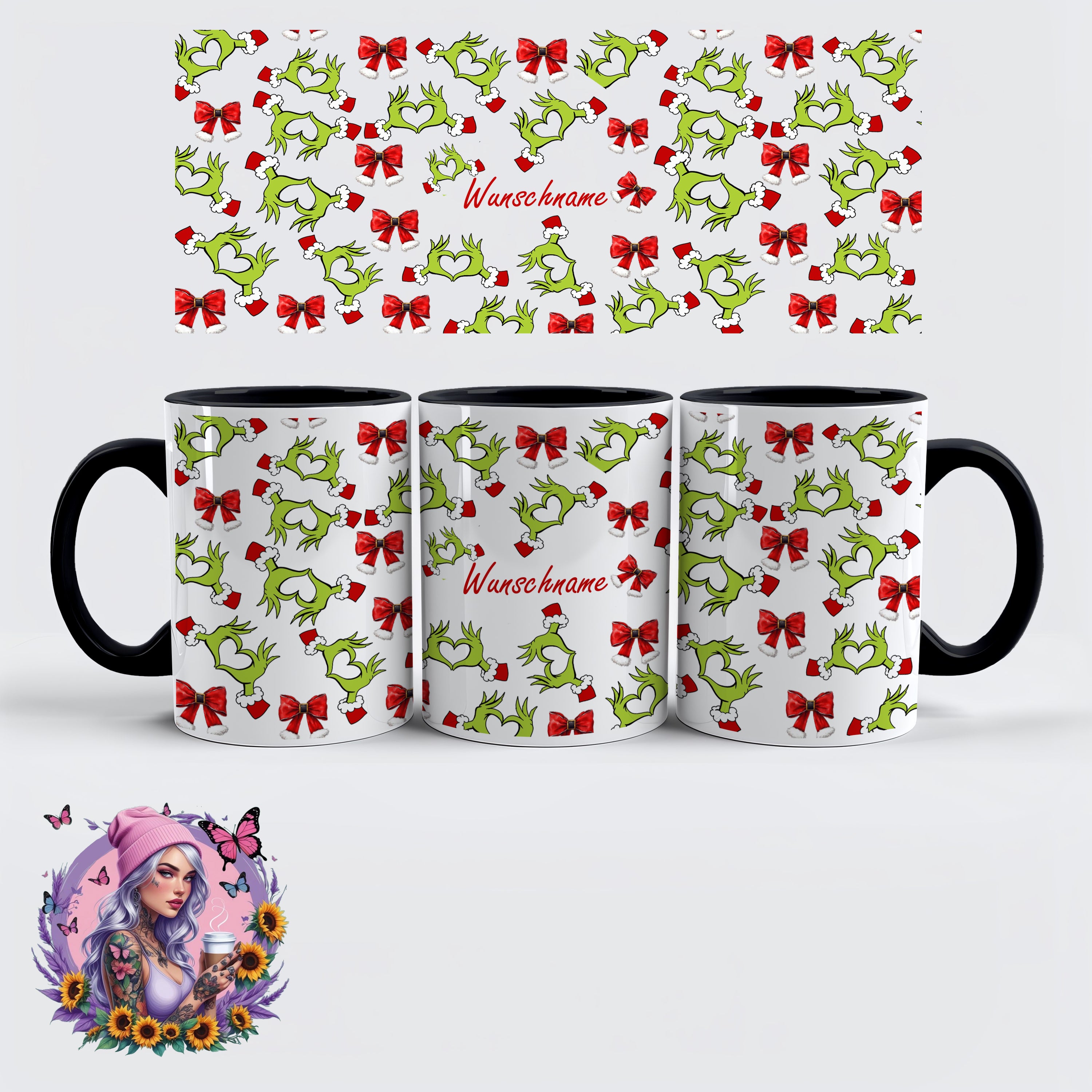Personalisierbarer Weihnachts-Kaffeebecher – Grinch Heart Hands Design mit Namen | Weihnachtsgeschenk | Glitzerlilly