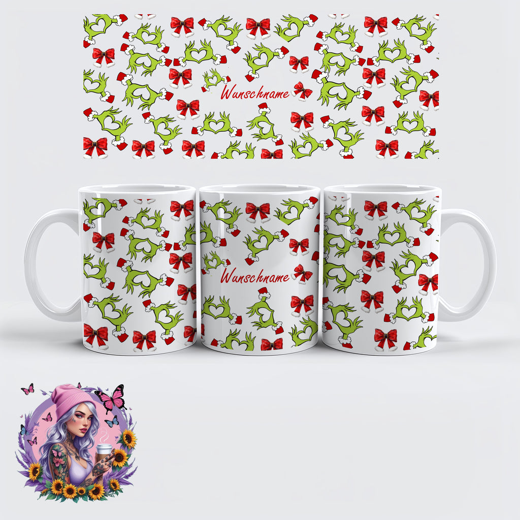 Personalisierbarer Weihnachts-Kaffeebecher – Grinch Heart Hands Design mit Namen | Weihnachtsgeschenk | Glitzerlilly