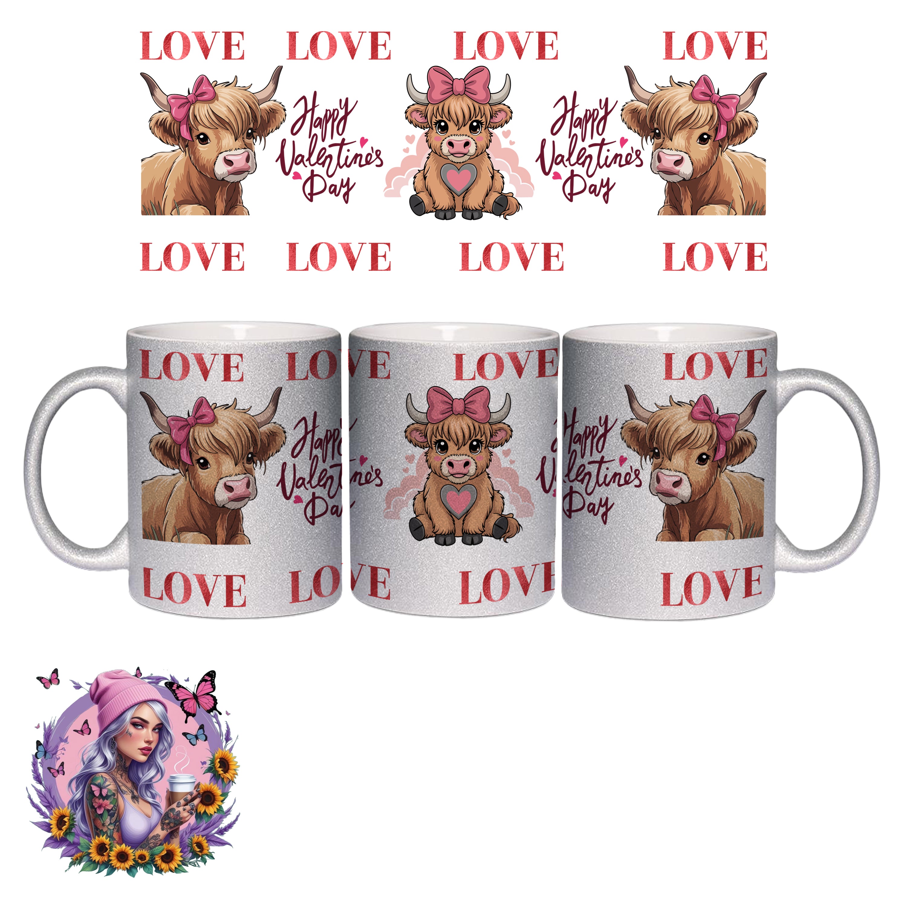 Valentinstag Glitzer Love Tasse – Pink, Silber & Klassikfarben