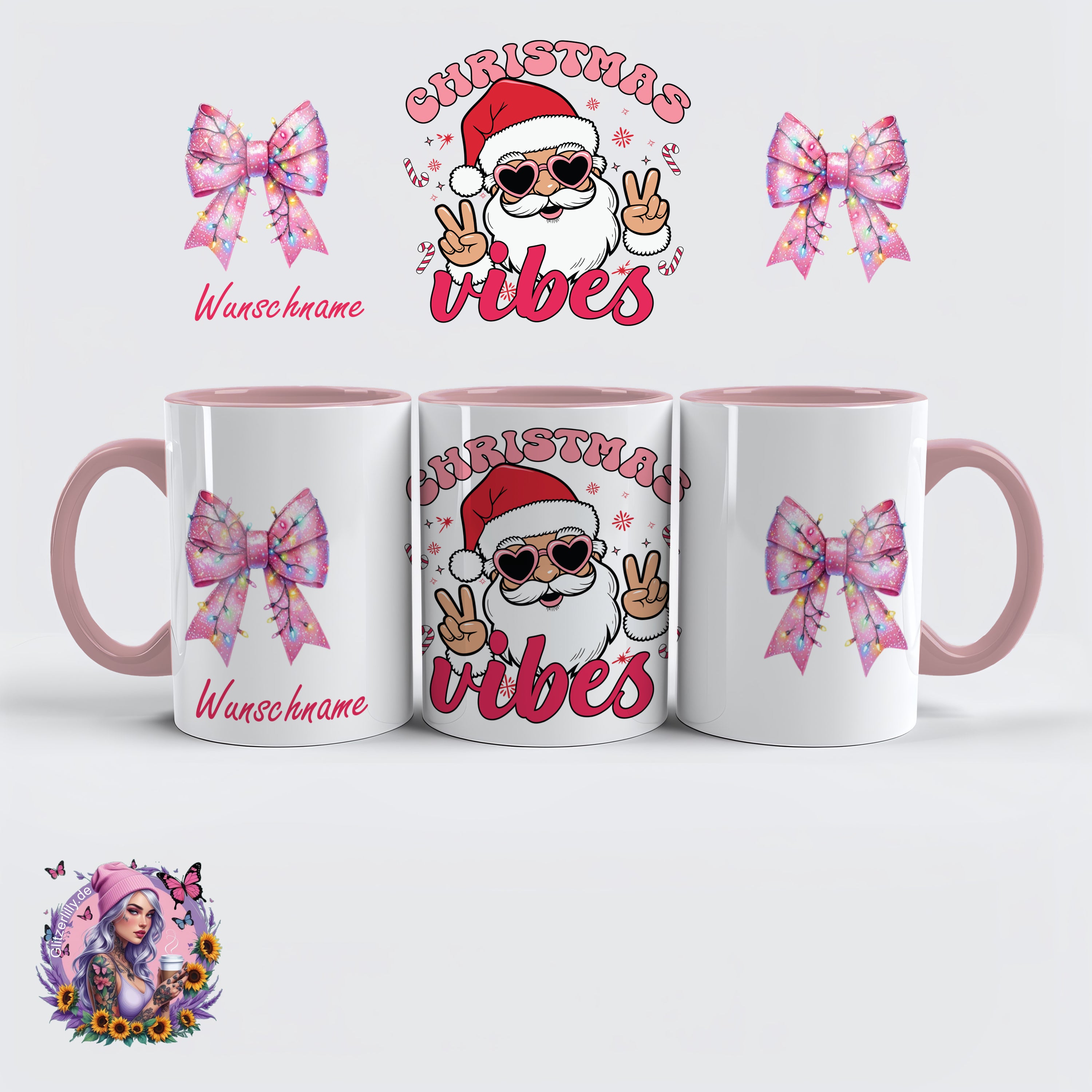 Christmas Vibes Tasse – Cooler Santa im Retro-Pink Style – personalisierbar by GlitzerLilly.de