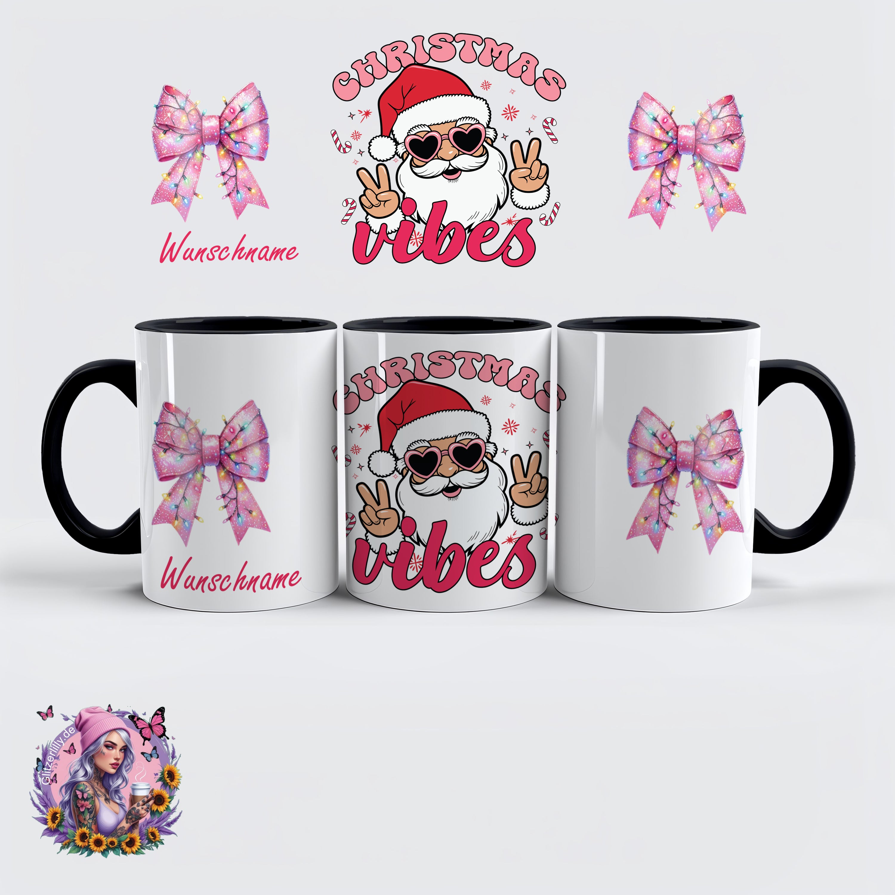 Christmas Vibes Tasse – Cooler Santa im Retro-Pink Style – personalisierbar by GlitzerLilly.de