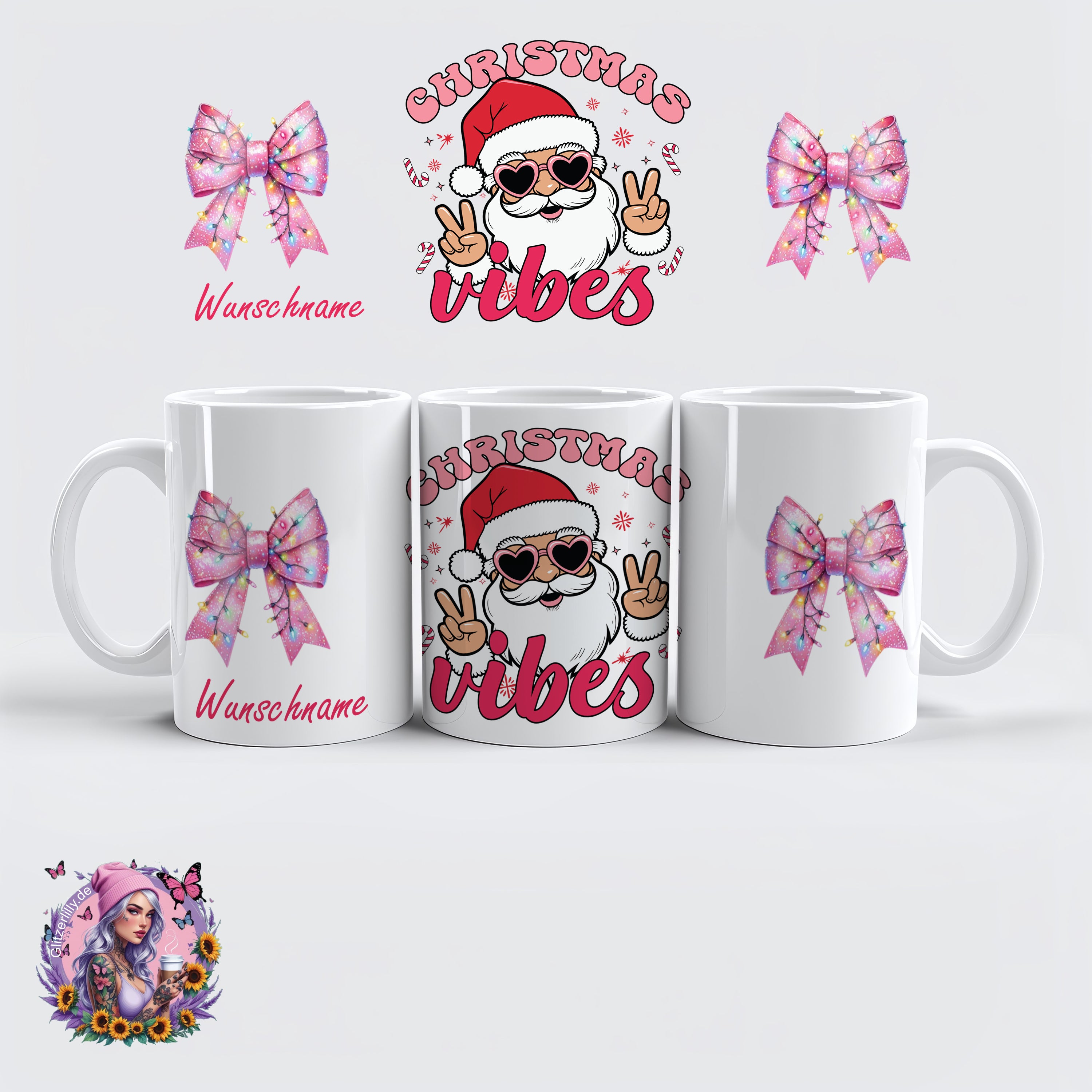 Christmas Vibes Tasse – Cooler Santa im Retro-Pink Style – personalisierbar by GlitzerLilly.de
