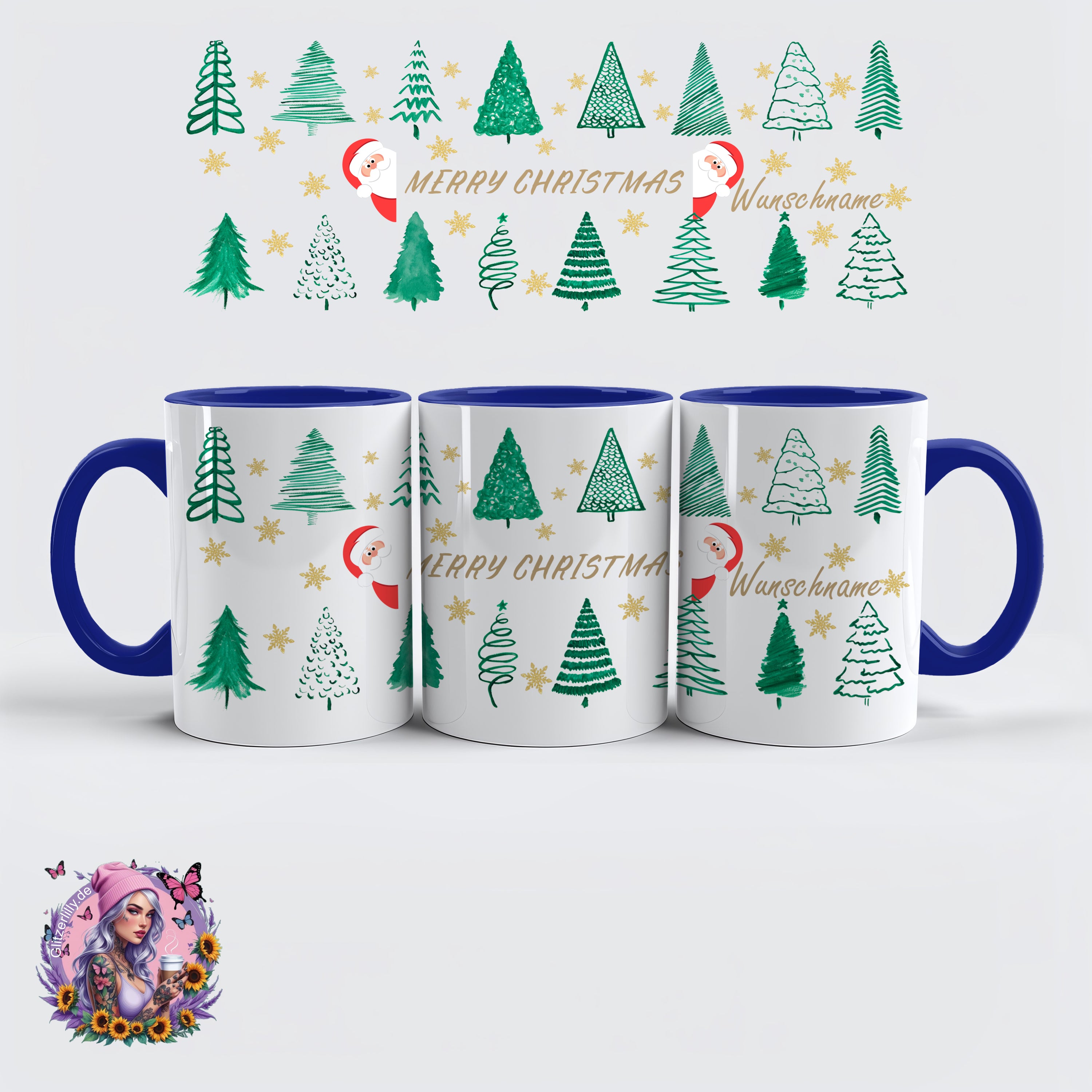 Merry Christmas Tasse – Weihnachtsbäume & Goldsterne Style – personalisierbar by GlitzerLilly.de