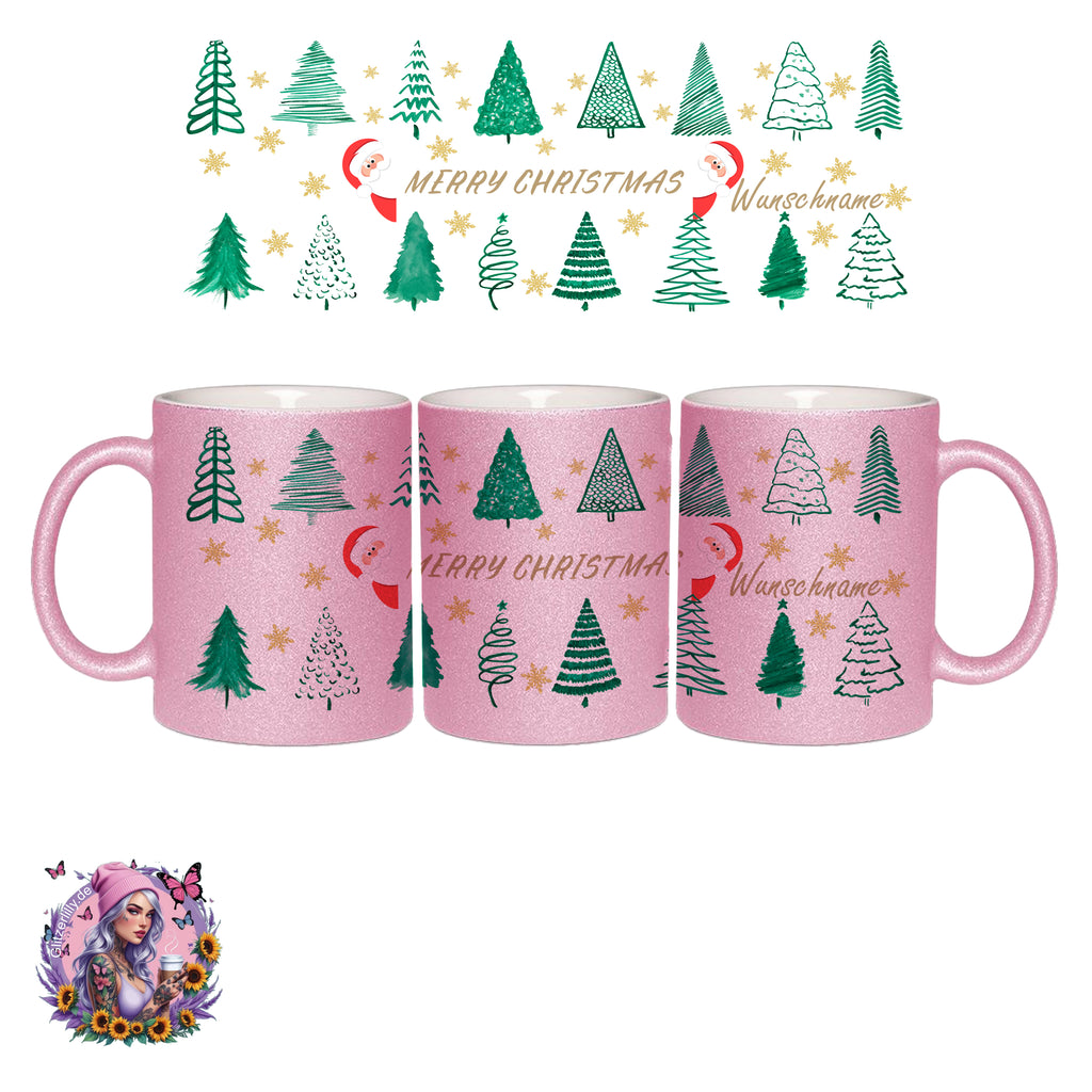 Merry Christmas Tasse – Weihnachtsbäume & Goldsterne Style – personalisierbar by GlitzerLilly.de