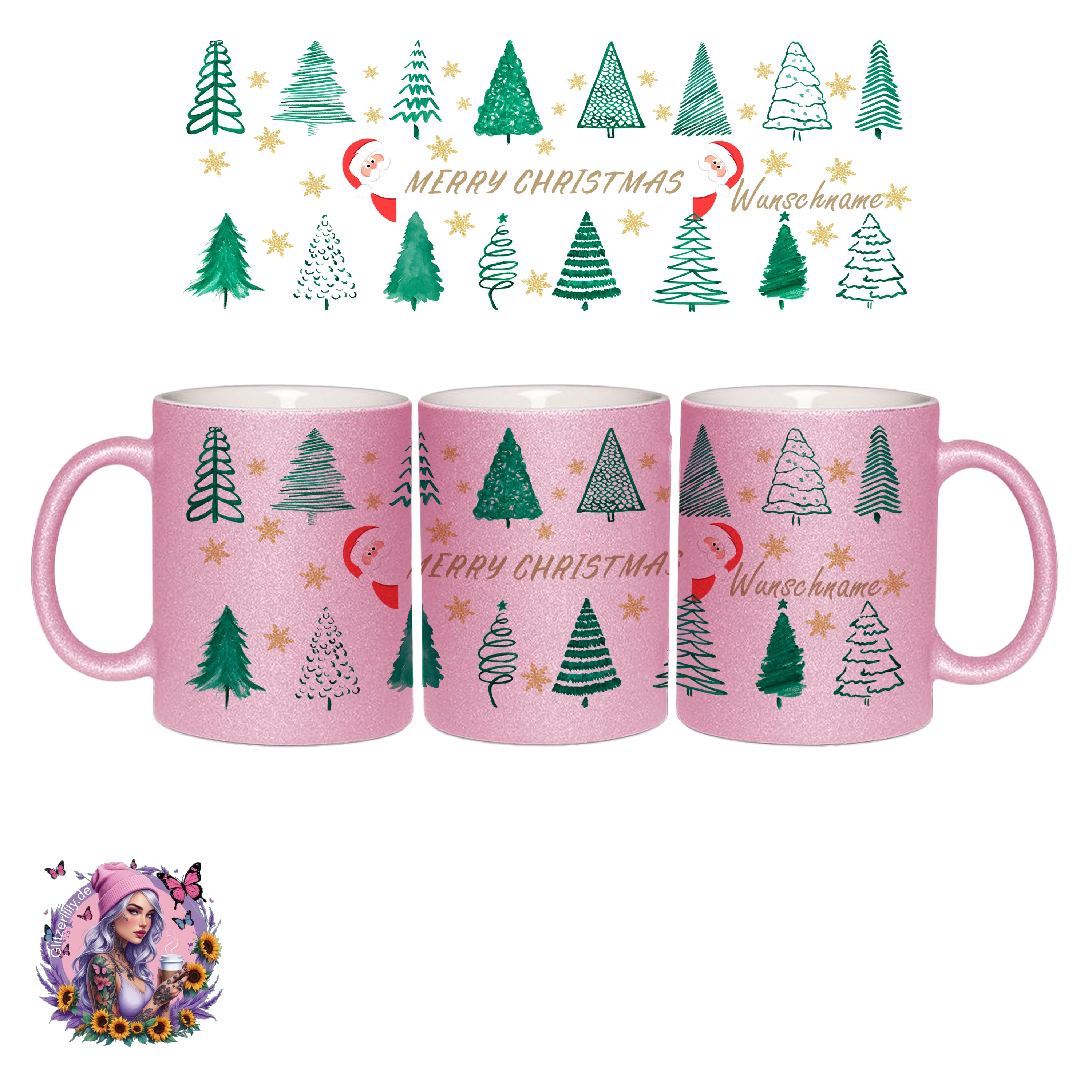 Merry Christmas Tasse – Weihnachtsbäume & Goldsterne Style – personalisierbar by GlitzerLilly.de