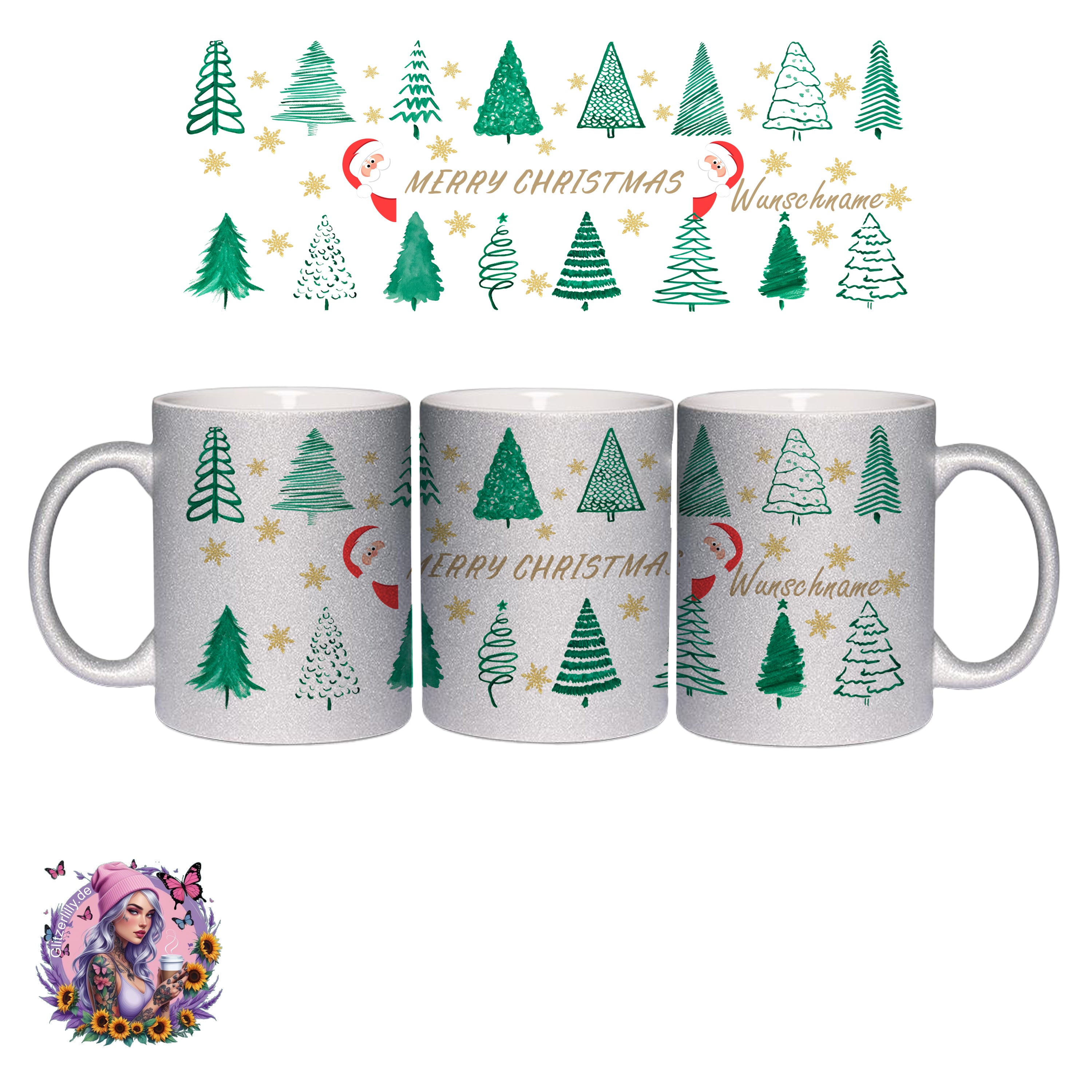 Merry Christmas Tasse – Weihnachtsbäume & Goldsterne Style – personalisierbar by GlitzerLilly.de