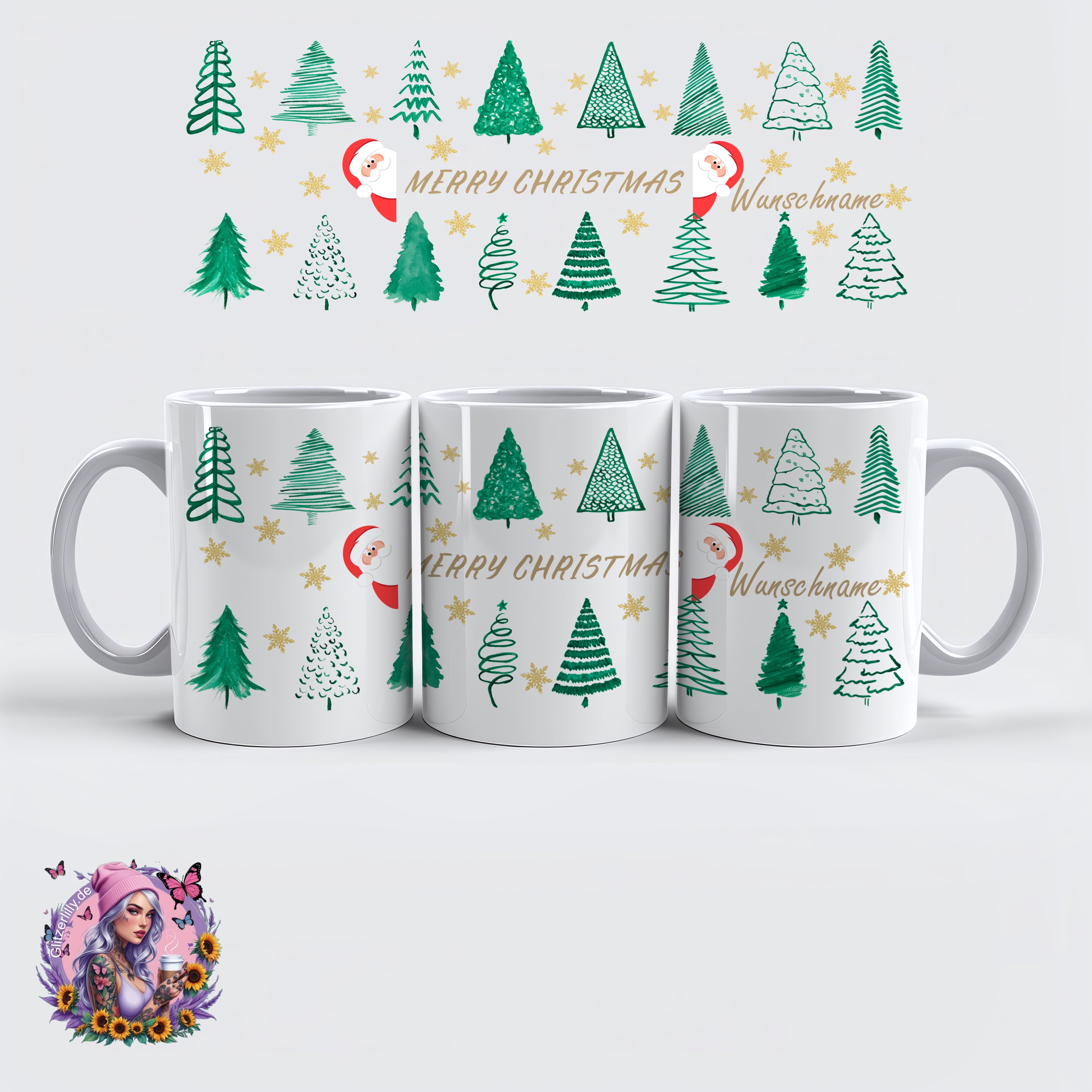 Merry Christmas Tasse – Weihnachtsbäume & Goldsterne Style – personalisierbar by GlitzerLilly.de