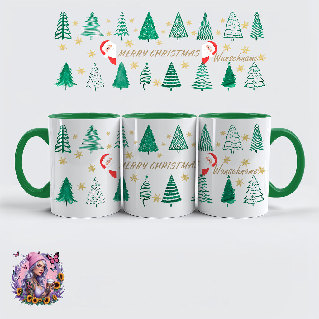 Merry Christmas Tasse – Weihnachtsbäume & Goldsterne Style – personalisierbar by GlitzerLilly.de