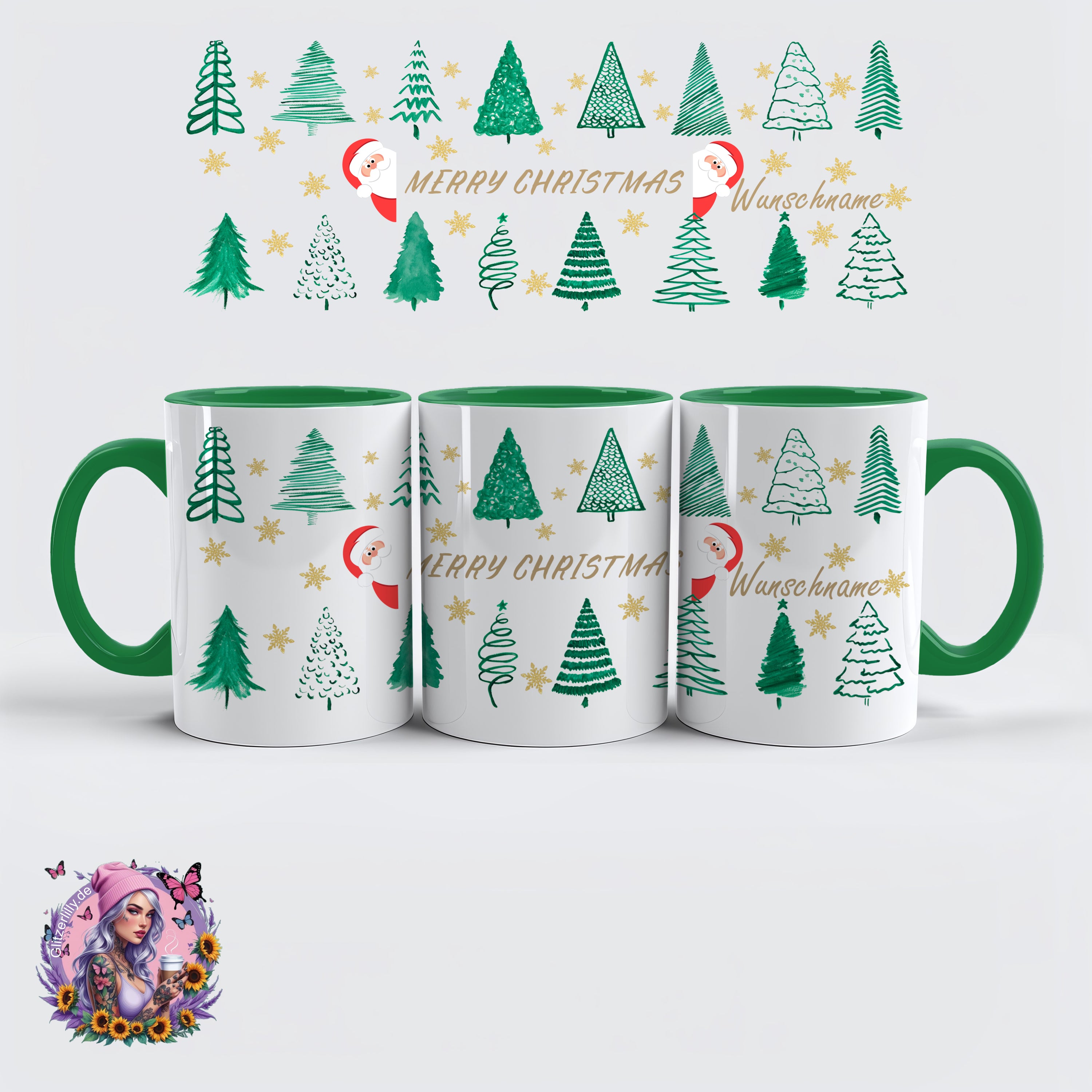 Merry Christmas Tasse – Weihnachtsbäume & Goldsterne Style – personalisierbar by GlitzerLilly.de