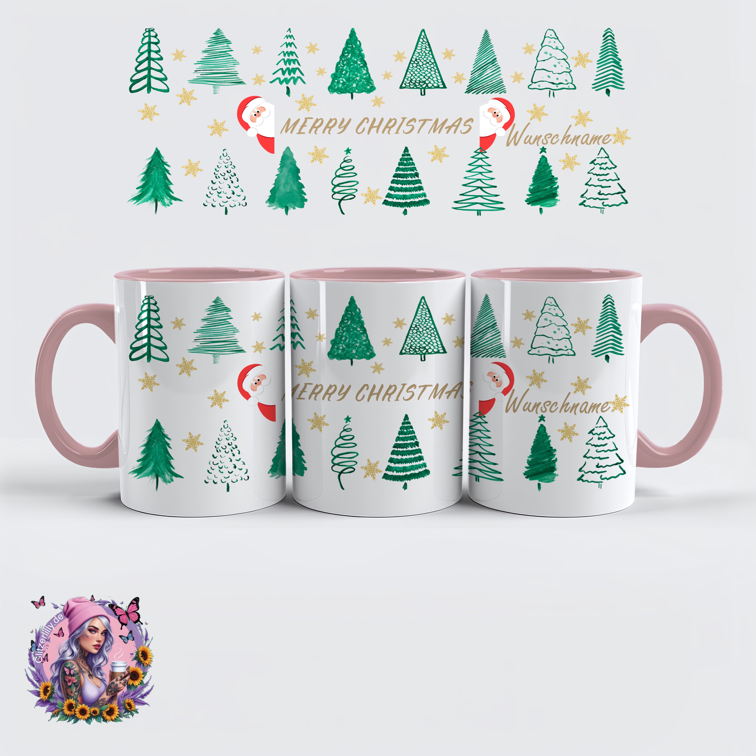Merry Christmas Tasse – Weihnachtsbäume & Goldsterne Style – personalisierbar by GlitzerLilly.de