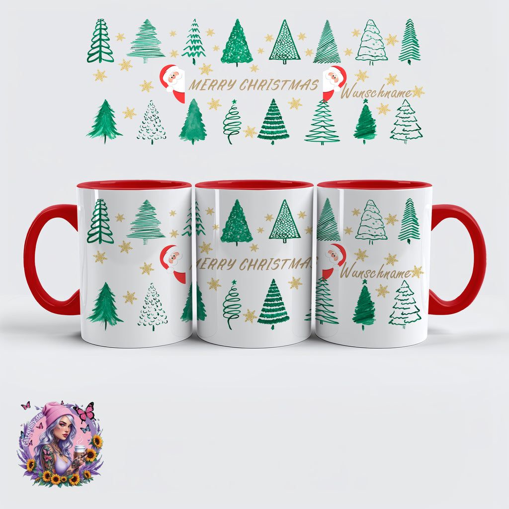 Merry Christmas Tasse – Weihnachtsbäume & Goldsterne Style – personalisierbar by GlitzerLilly.de
