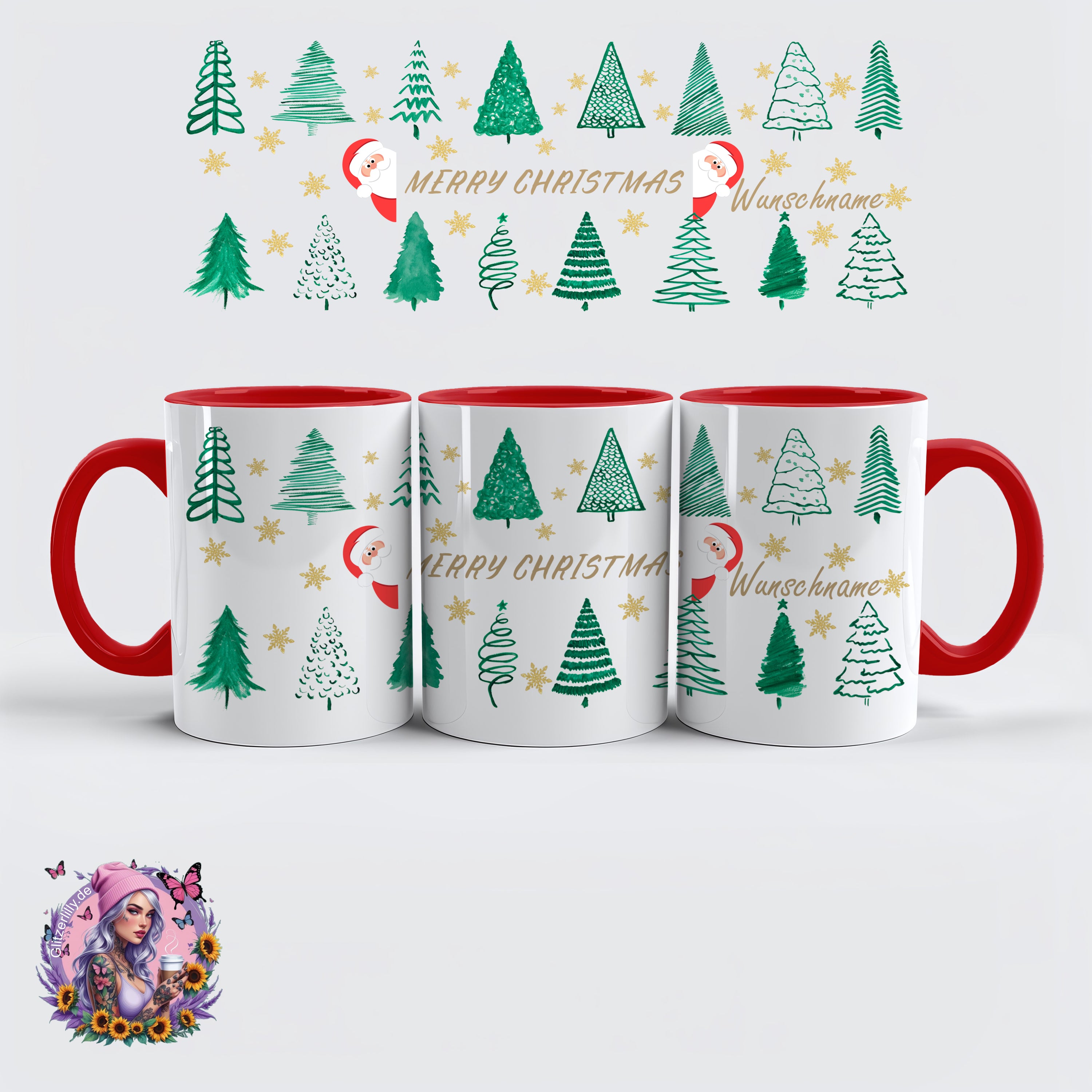 Merry Christmas Tasse – Weihnachtsbäume & Goldsterne Style – personalisierbar by GlitzerLilly.de