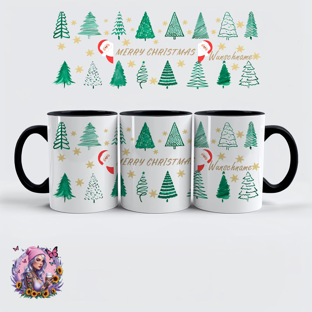 Merry Christmas Tasse – Weihnachtsbäume & Goldsterne Style – personalisierbar by GlitzerLilly.de