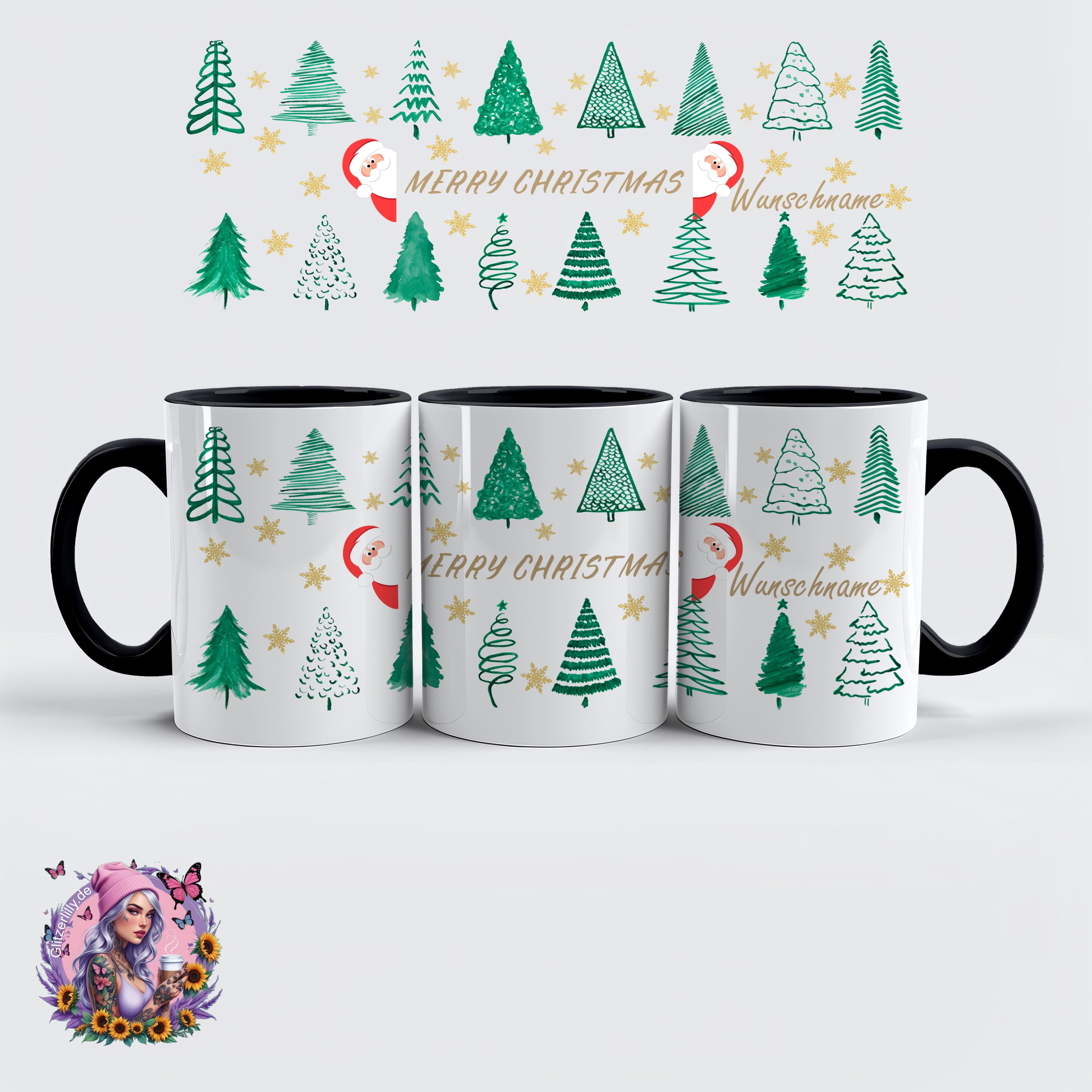 Merry Christmas Tasse – Weihnachtsbäume & Goldsterne Style – personalisierbar by GlitzerLilly.de