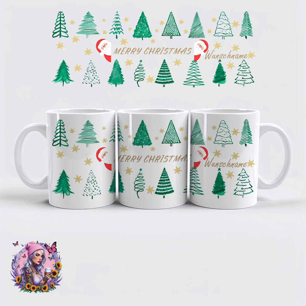 Merry Christmas Tasse – Weihnachtsbäume & Goldsterne Style – personalisierbar by GlitzerLilly.de