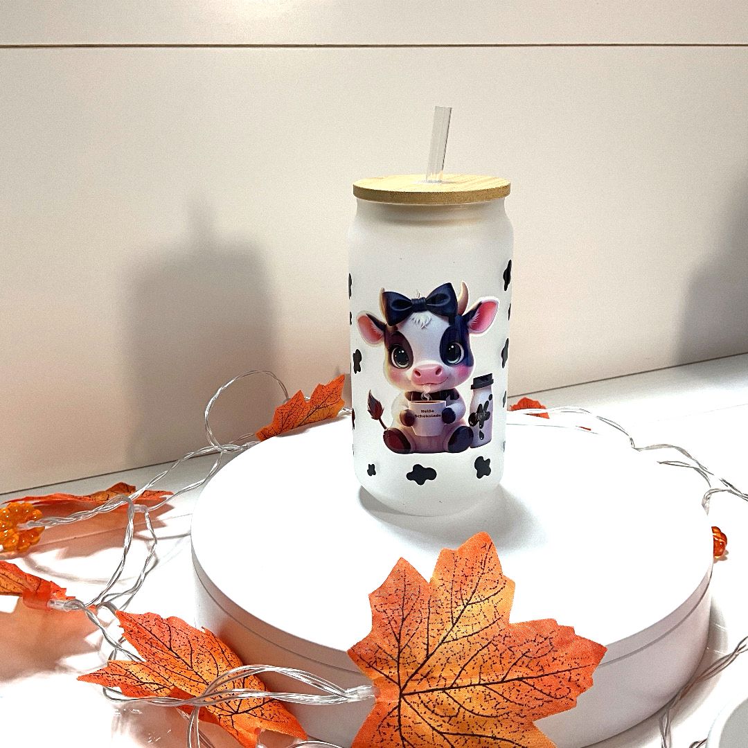 Milch-Glas mit Holsdeckel Kuh-Design