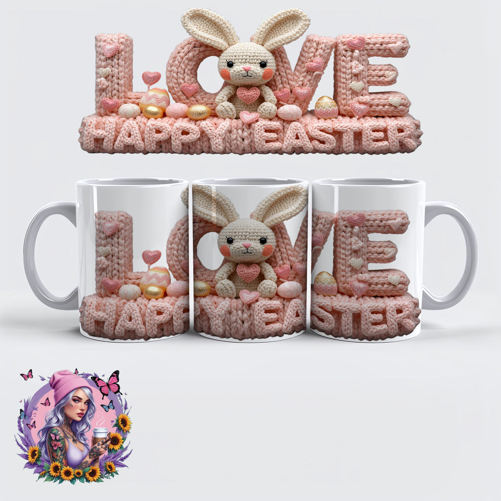 „LOVE – Happy Easter Häkelhase Tasse im Strick-Look“