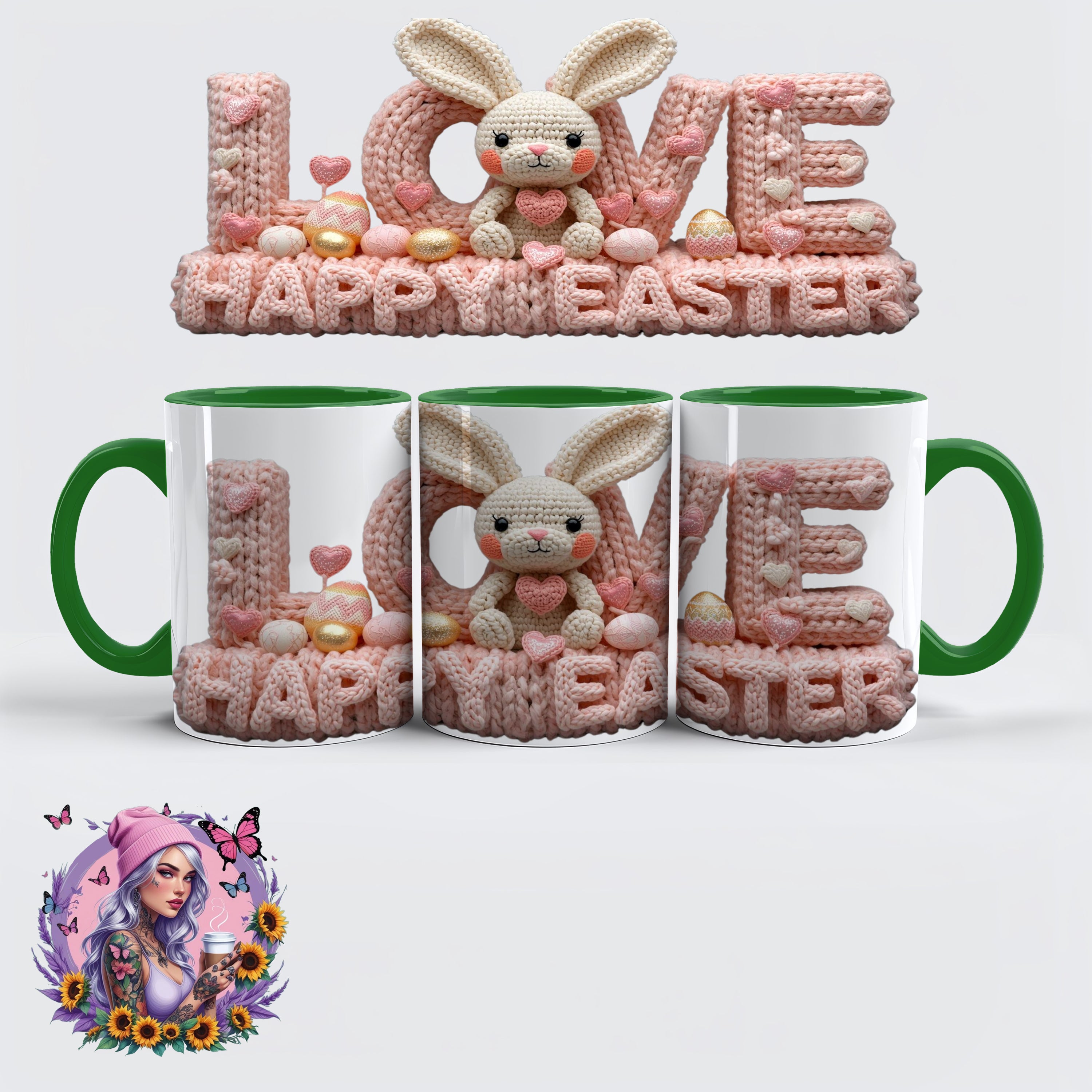 „LOVE – Happy Easter Häkelhase Tasse im Strick-Look“